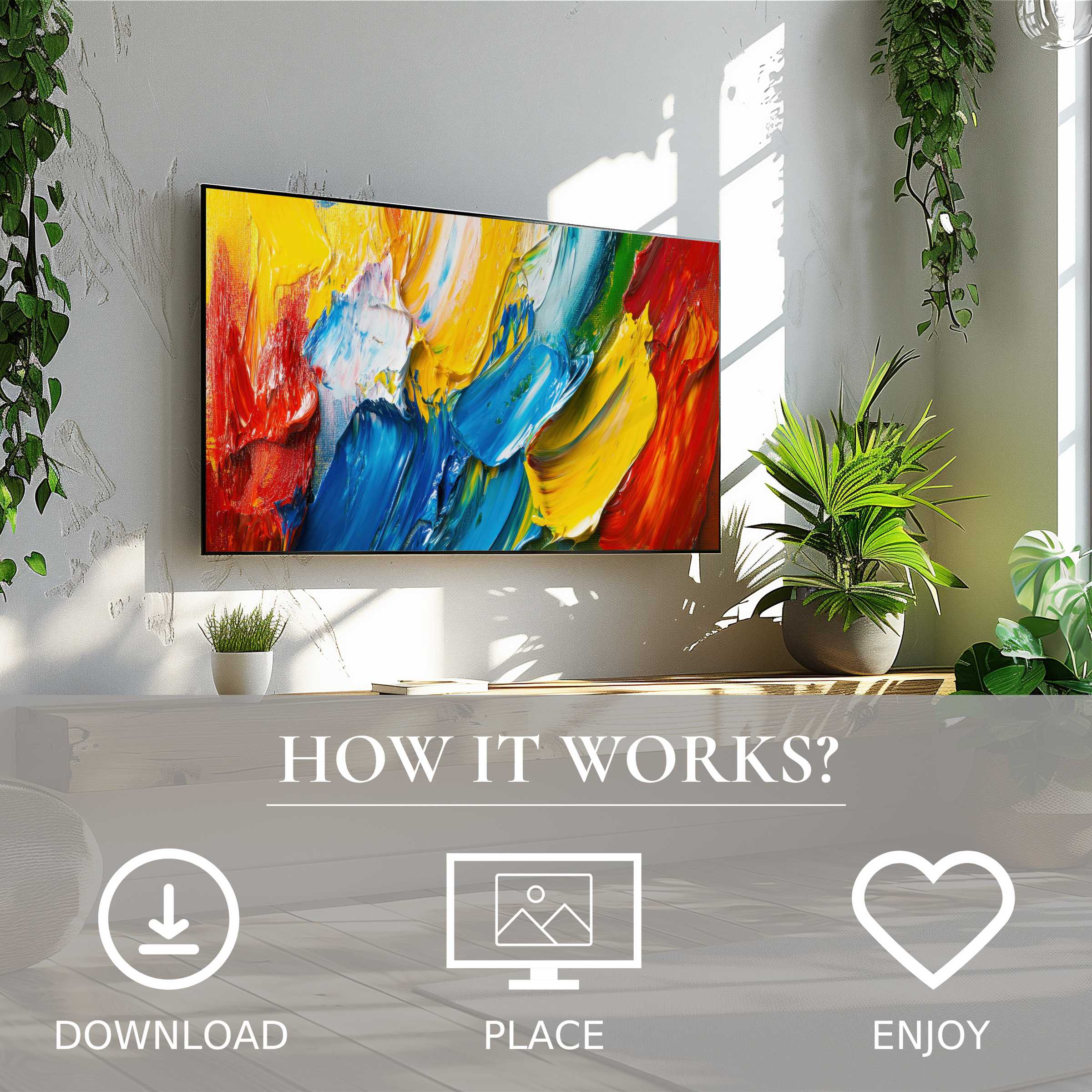Modern art for Samsung TV: vibrant color flow on The Frame, easy digital download enriches your stylish living space