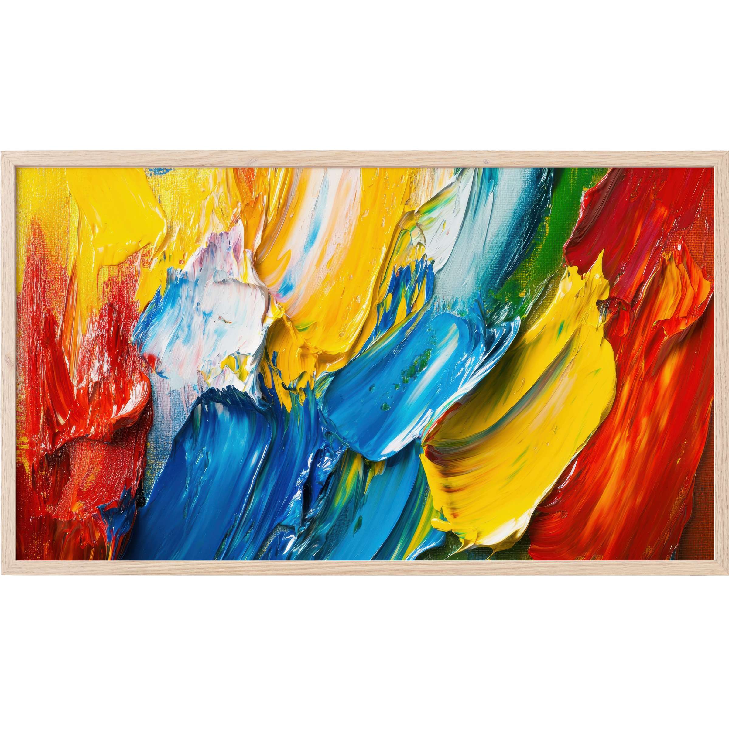 Vibrant abstract brushstrokes in yellow, blue, red with texture, perfect modern Frame TV Art for stylish interiors