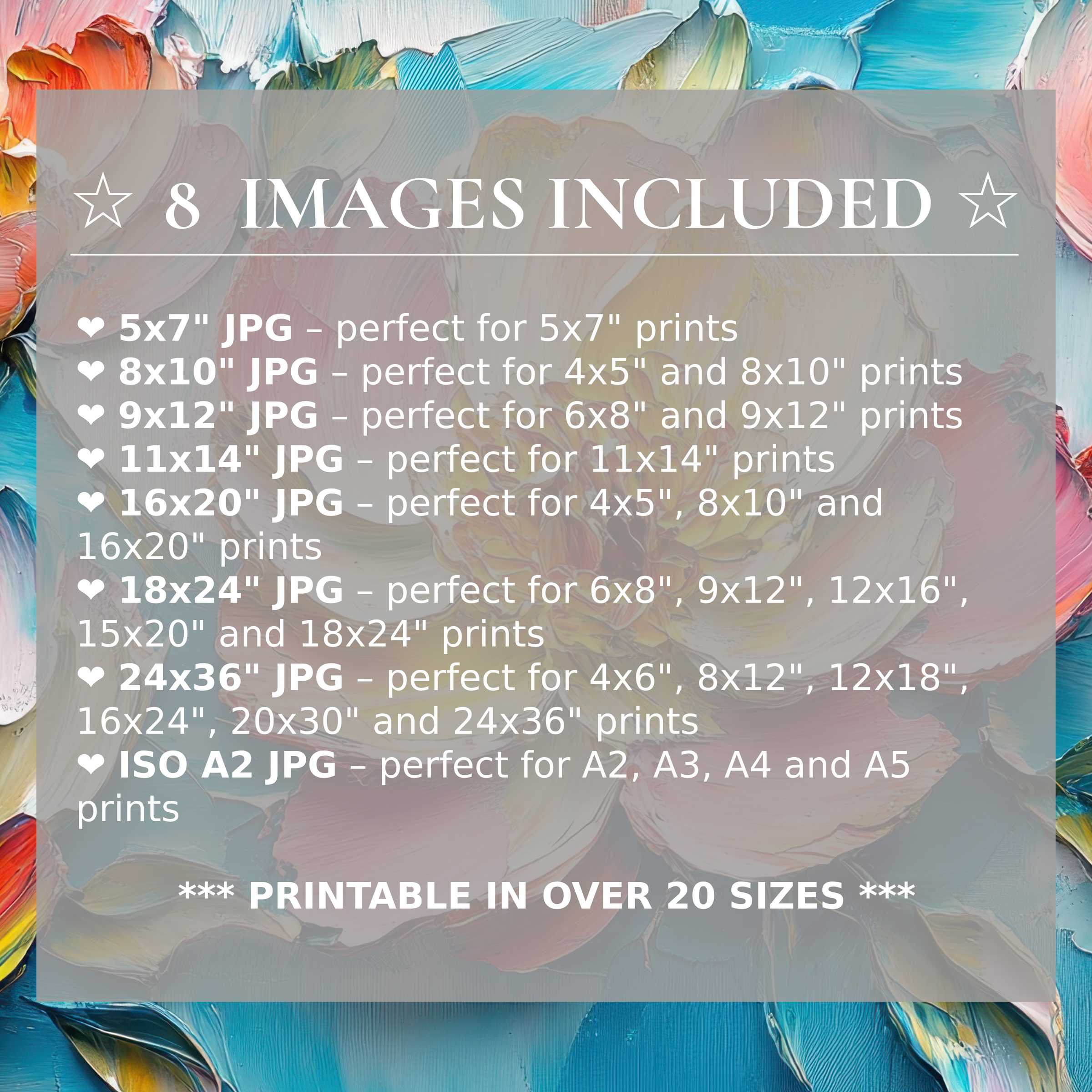 Radiant floral digital print in vibrant blues, oranges, and soft pastels, included in 8 premium sizes to elevate modern interiors with versatile elegance