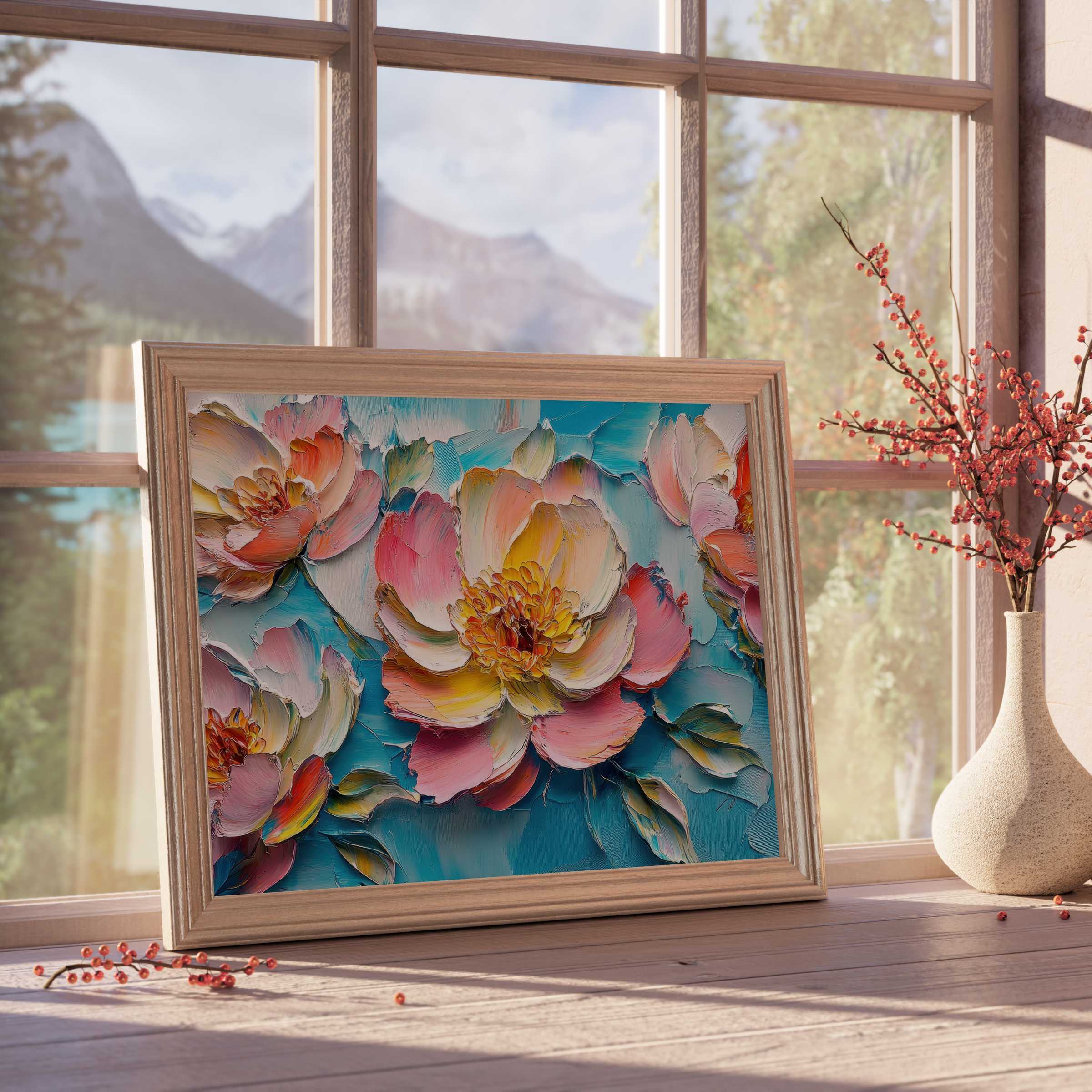 Floral downloadable art with lush blooms in vibrant hues, elevating serene, curated interiors with refined elegance