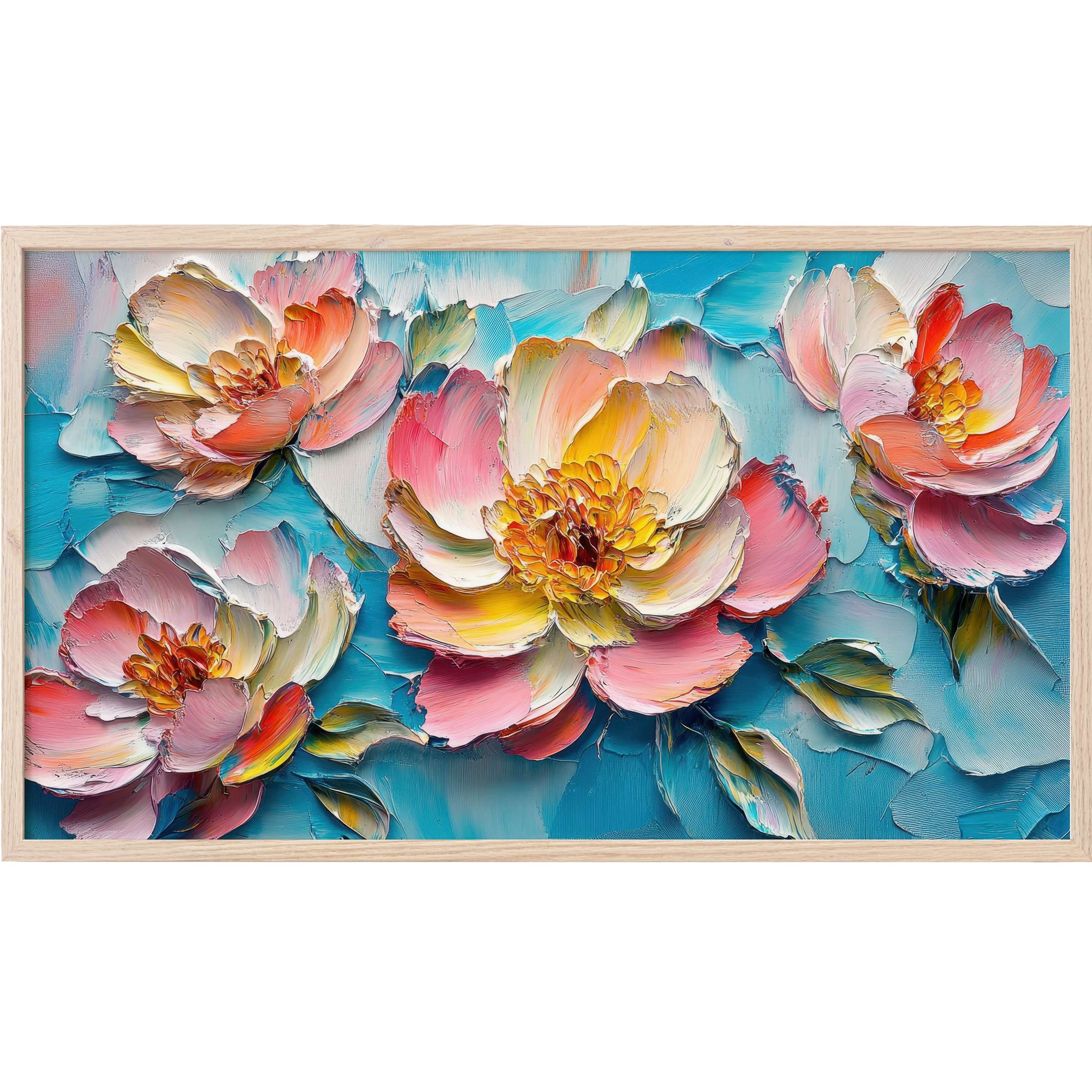 Floral Frame TV Art with textured pink and yellow blooms on vibrant blue background, a modern elegant painting