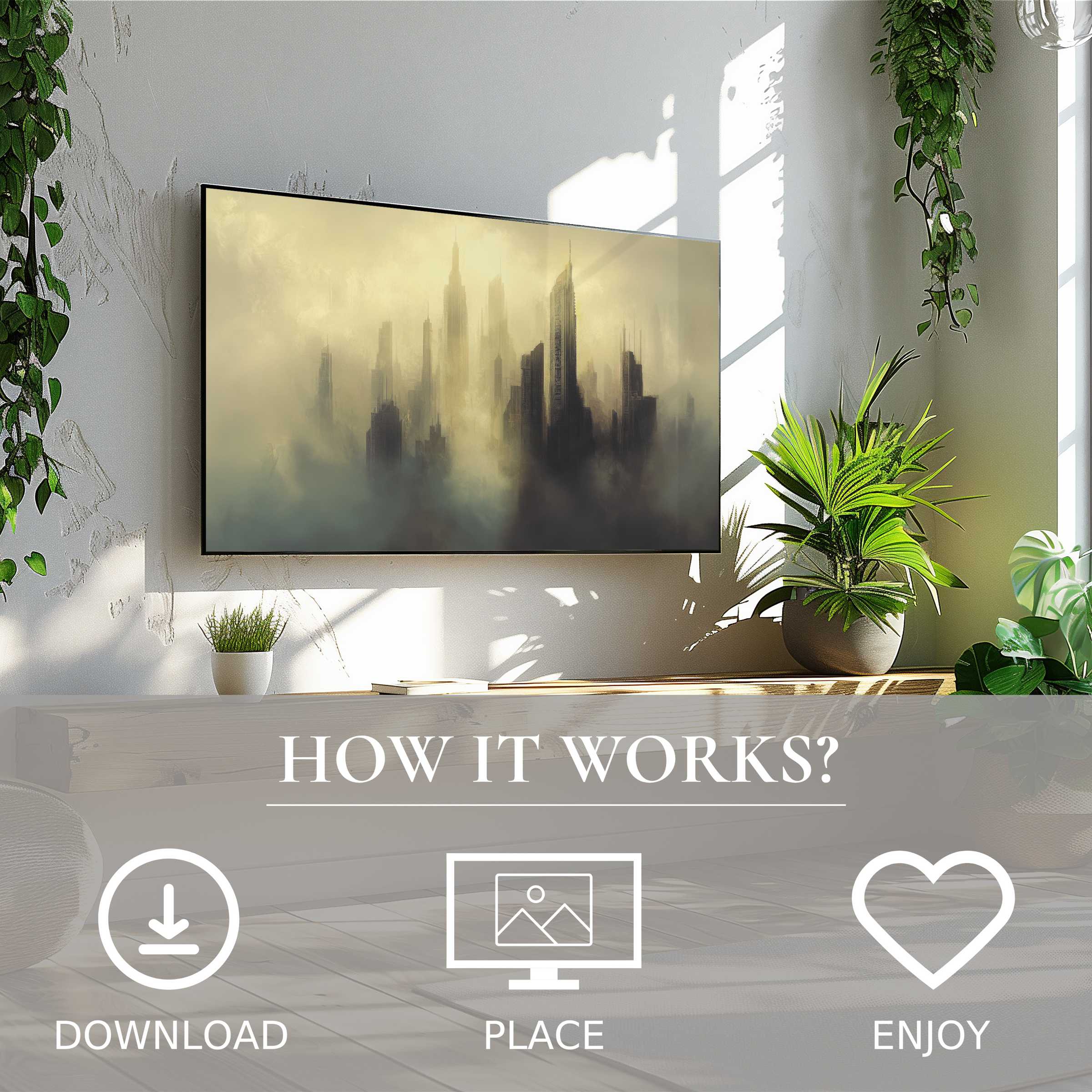 Modern living room with urban art for Samsung TV; digital download shows misty cityscape enriching space