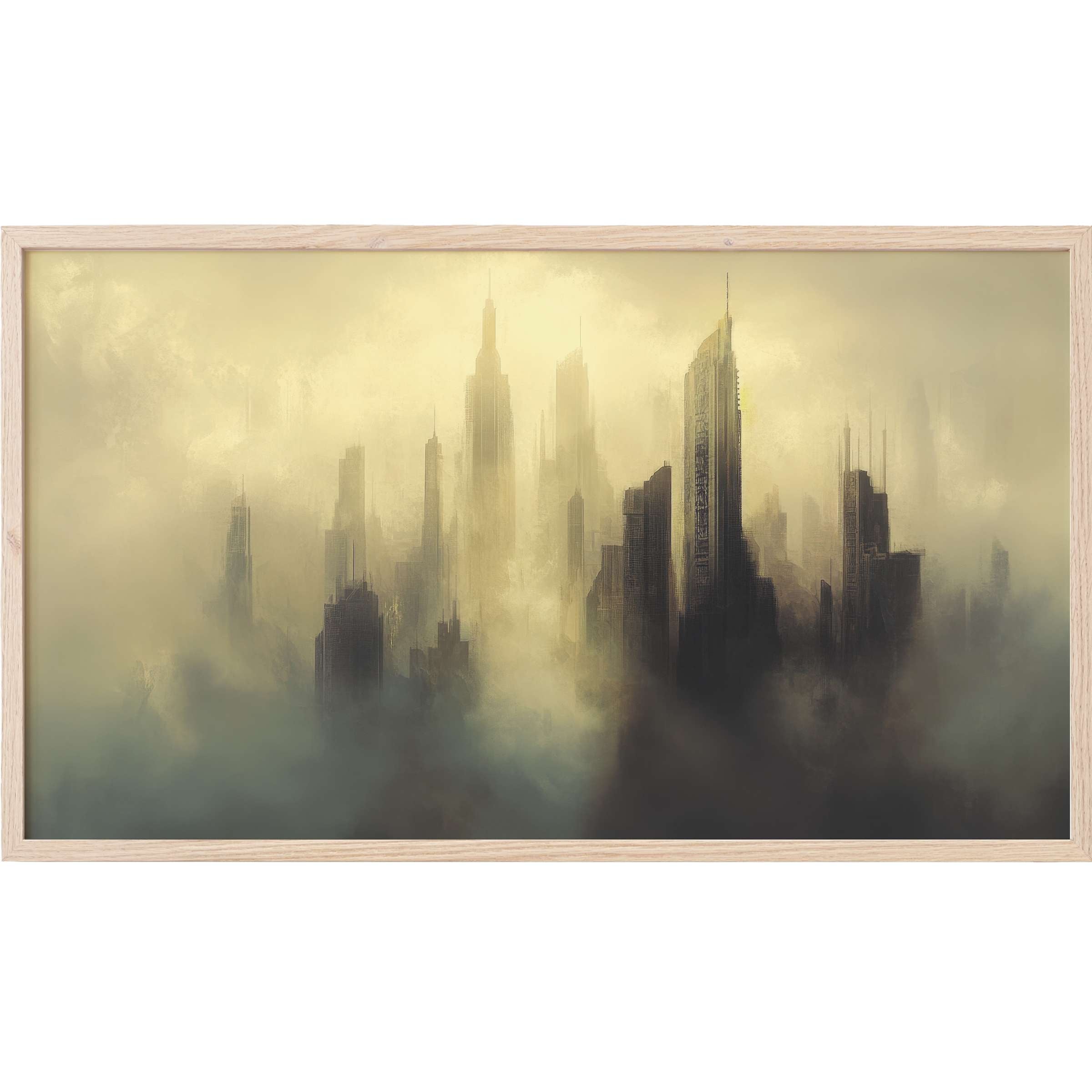 Urban Frame TV Art depicting a misty cityscape in muted gold and gray tones with a sleek, modern style