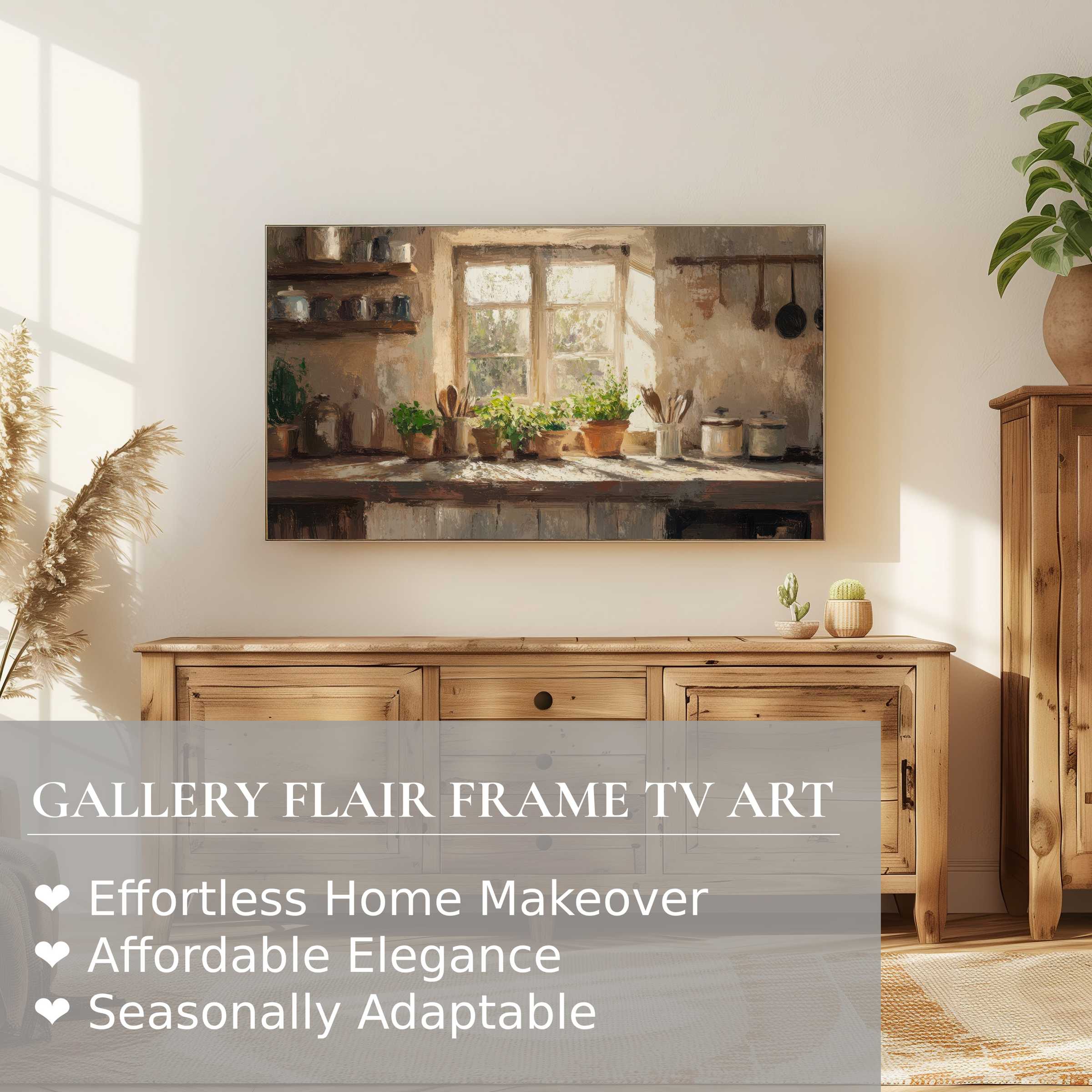 Samsung Frame TV displays serene farmhouse digital artwork, blending rustic charm with modern elegance in a cozy setting