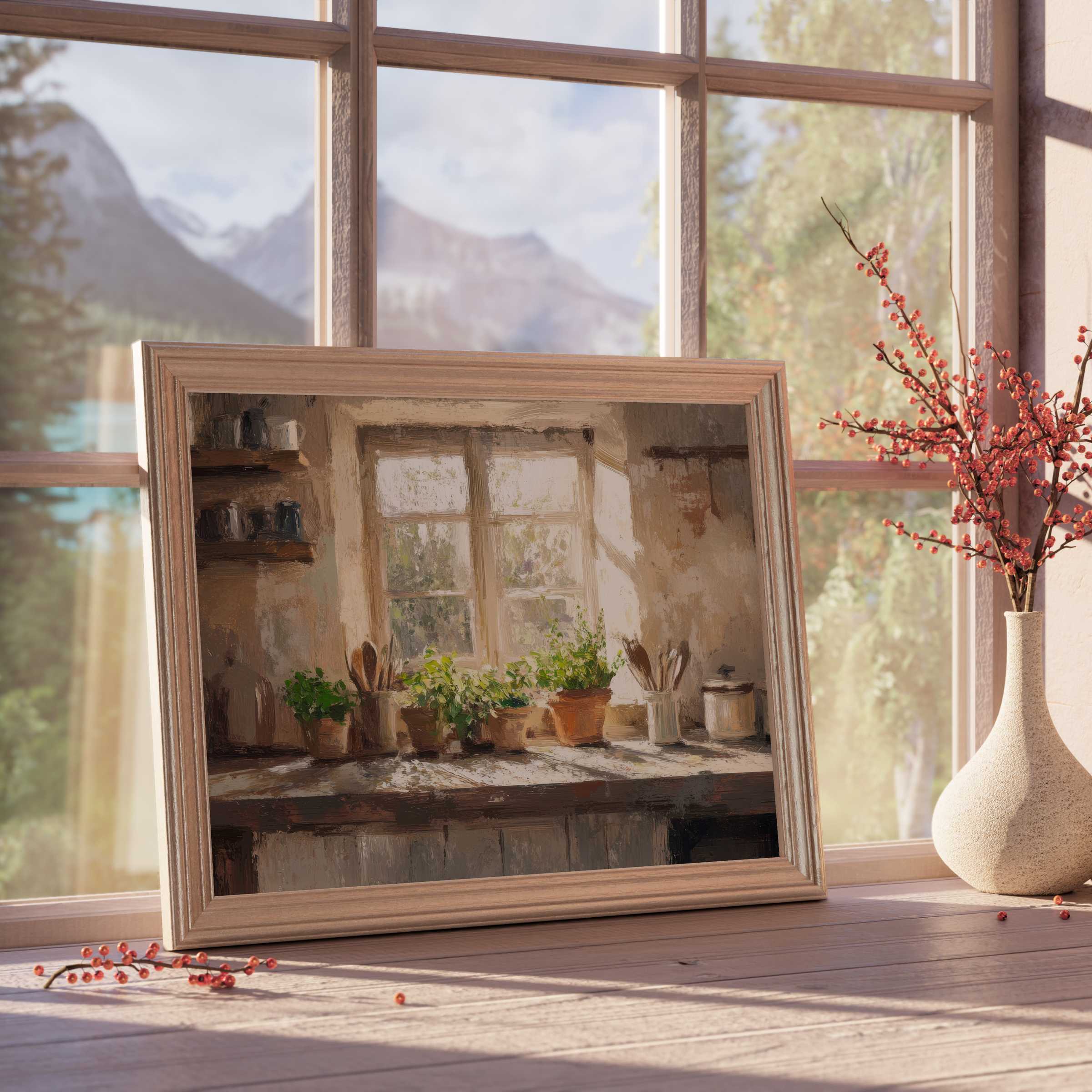 Warm farmhouse downloadable art capturing sunlit kitchen herbs in rustic pots, elevating serene, curated interiors with timeless charm