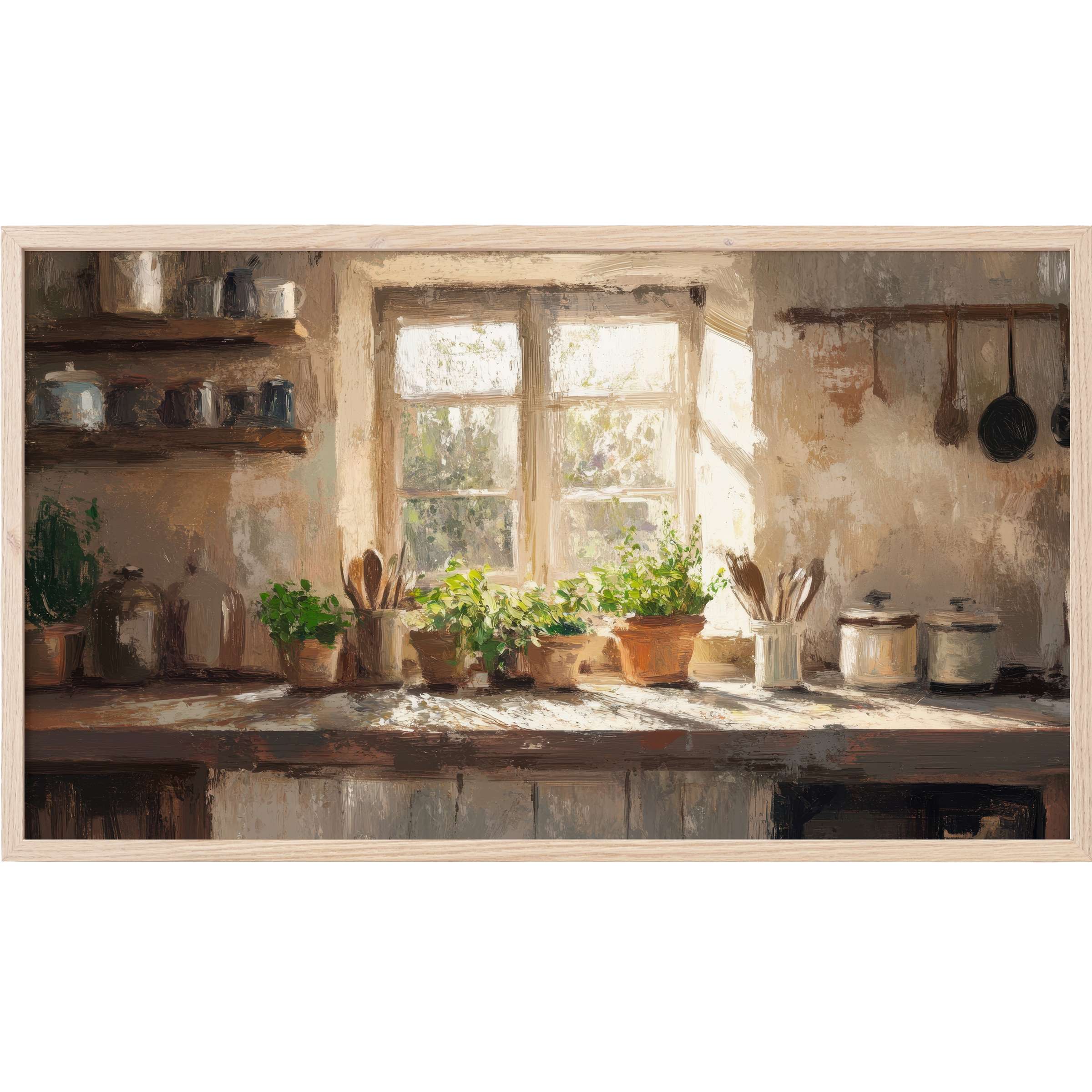Farmhouse Frame TV Art capturing sunlit kitchen herbs and rustic utensils in warm, muted earth tones and soft textures