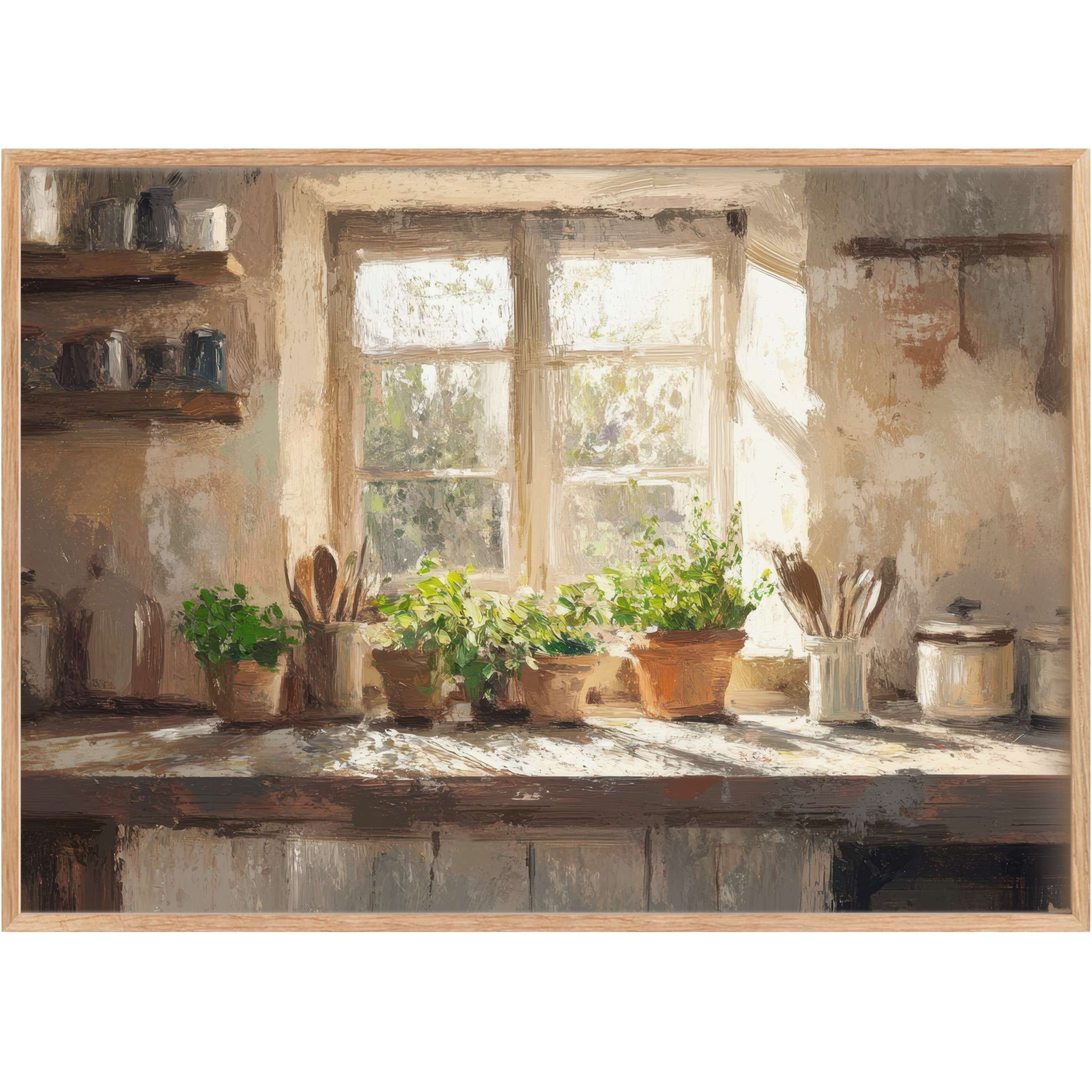 Sunlit kitchen vignette with herbs and rustic accents, evoking serene warmth and charm in farmhouse printable wall art
