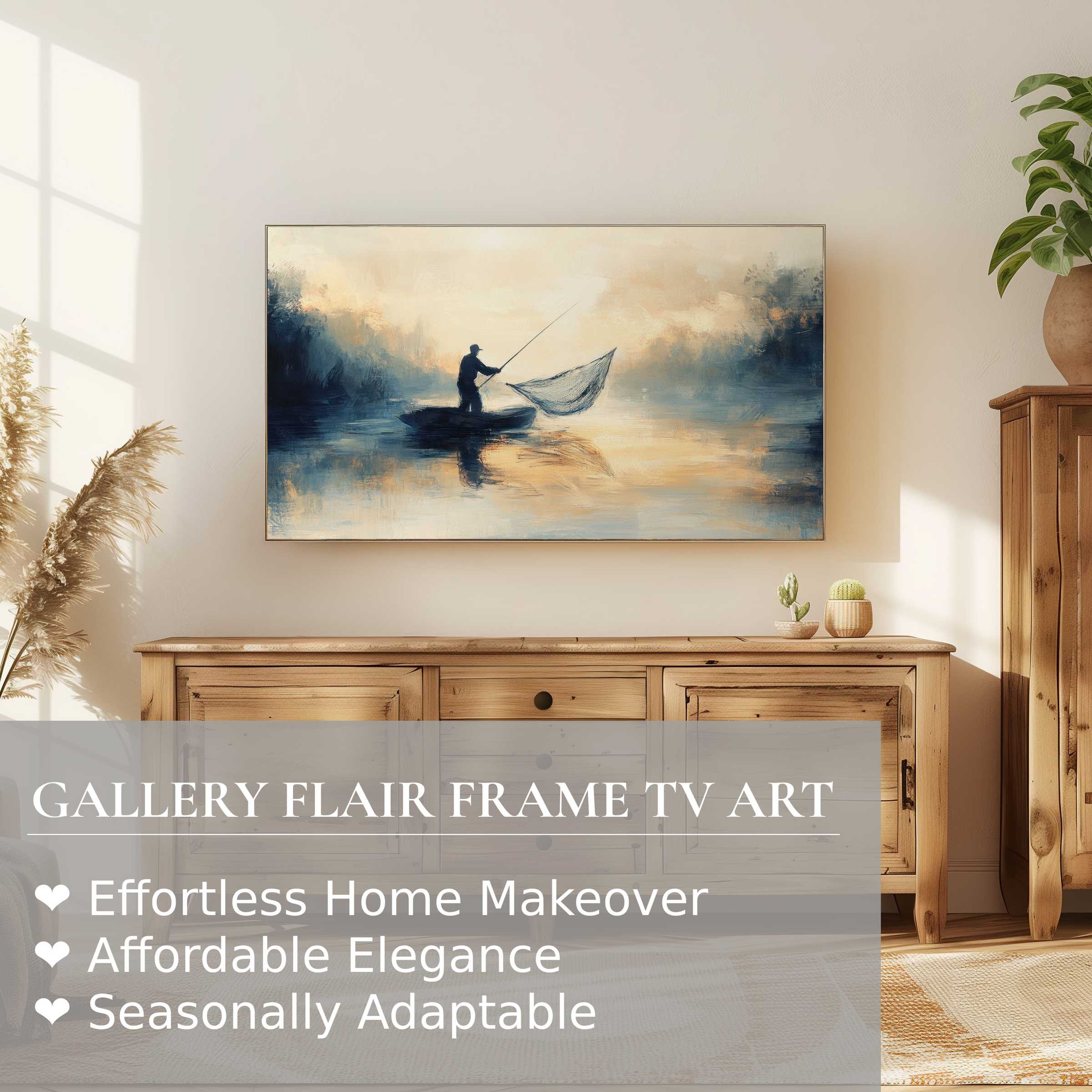 Samsung Frame TV displaying coastal digital artwork with serene fishing scene in a warm, elegant room setting