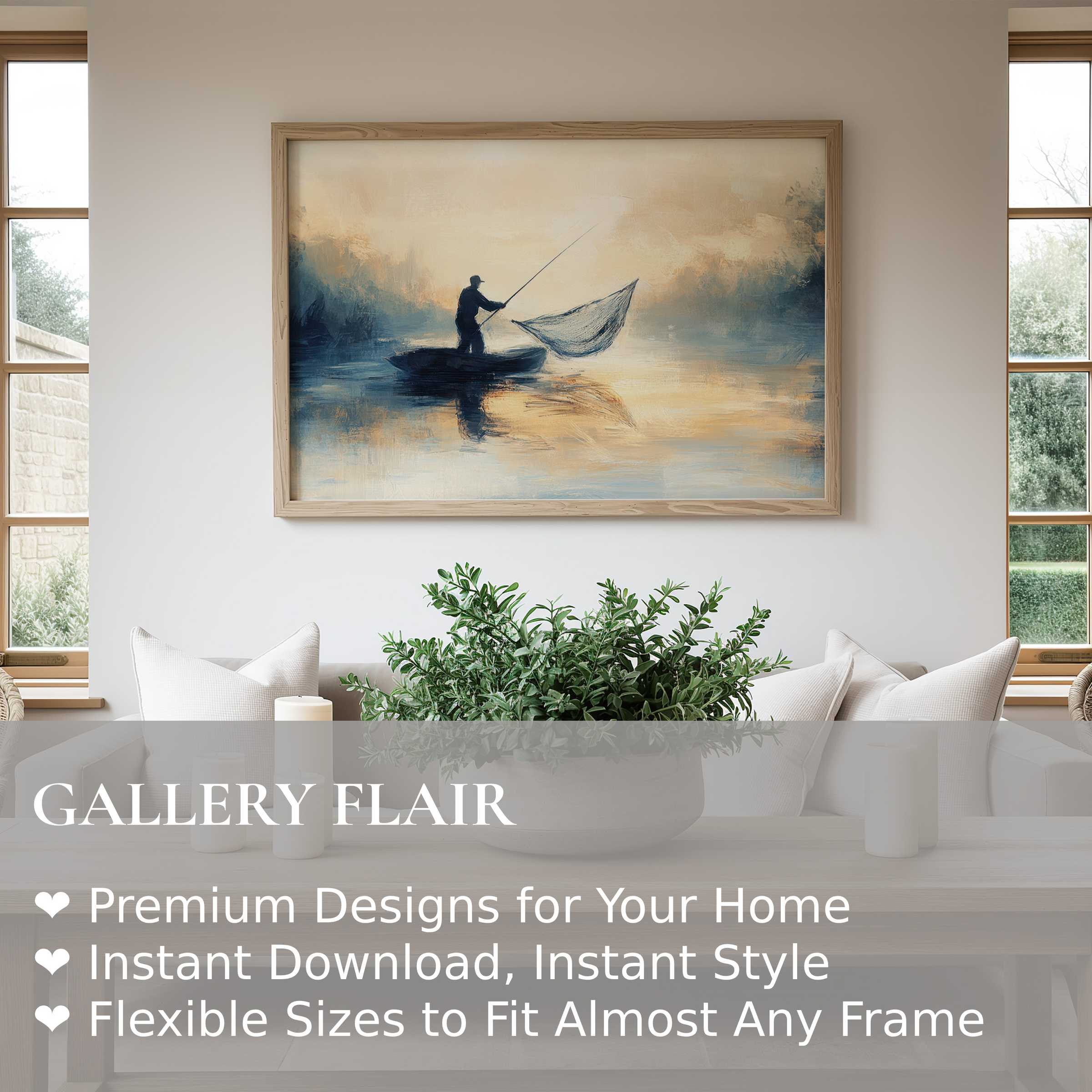 Coastal wall art print capturing a serene fisherman at dawn, radiating calm and enhancing modern minimalist interiors with tranquil elegance