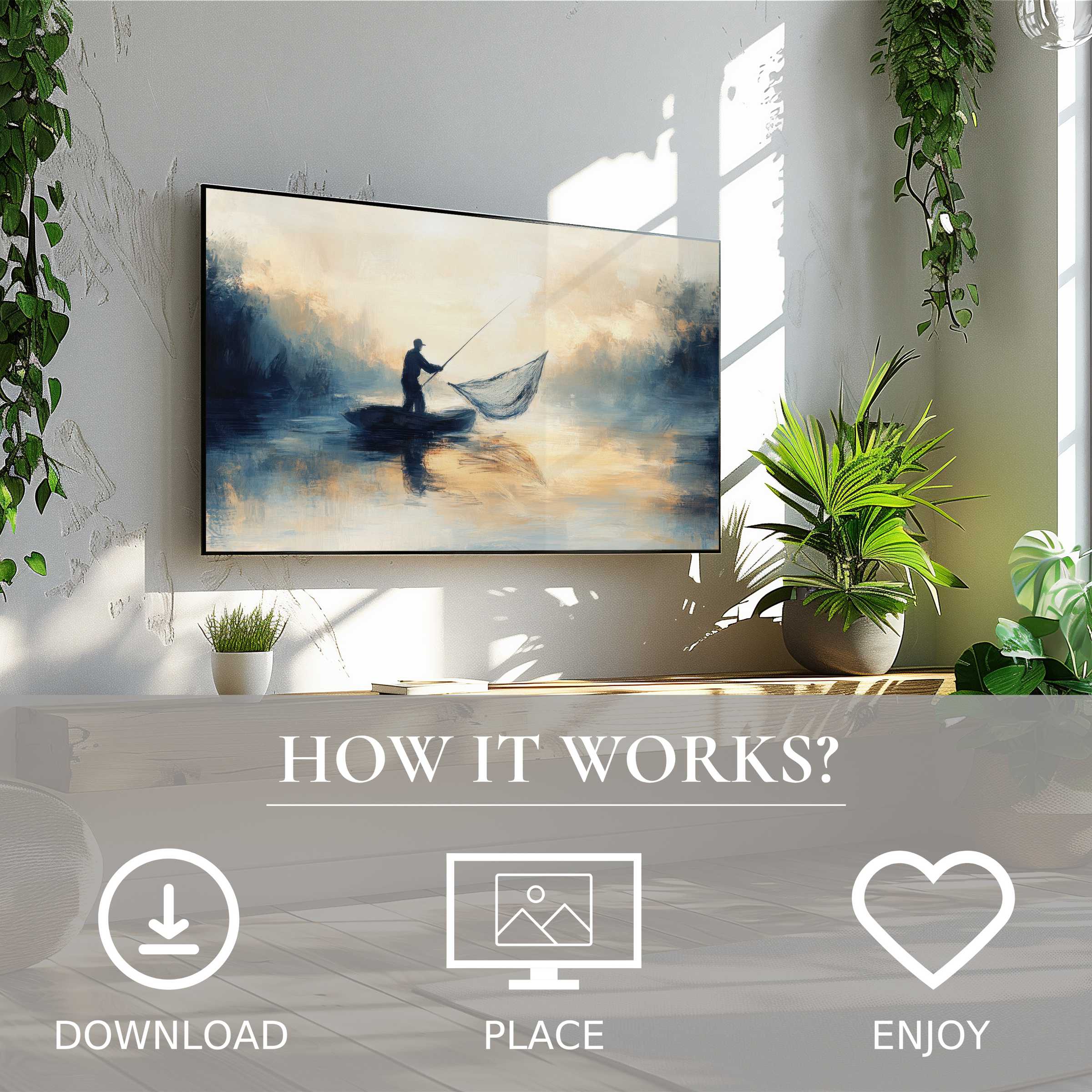 Coastal art for Samsung TV showing soft sunset tones with a fishing silhouette, easy digital download enriches space
