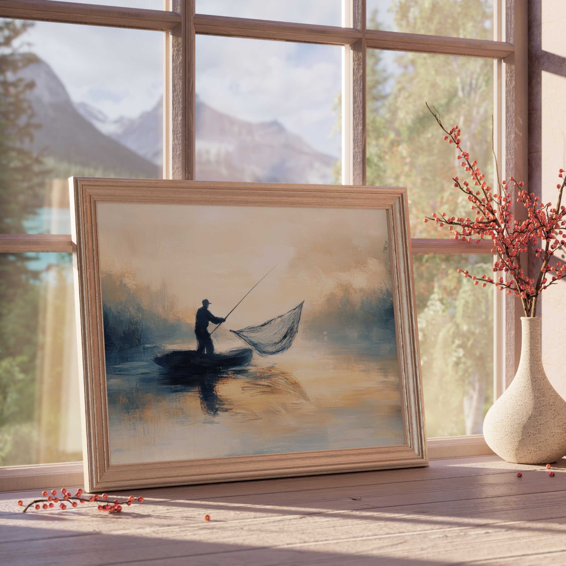 Coastal downloadable art capturing serene fishing moments in soft twilight hues, elevating tranquil, elegant interiors