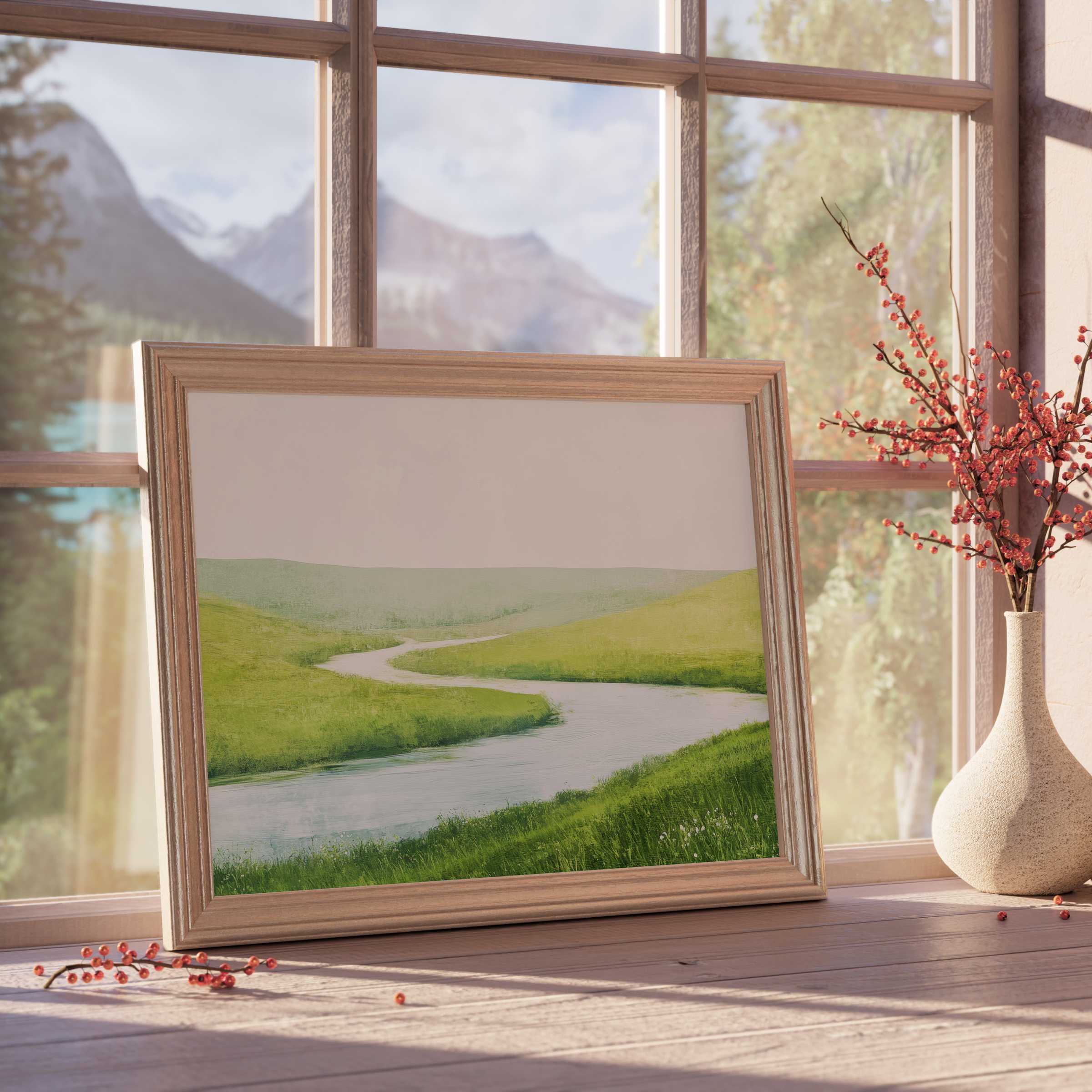Serene spring downloadable art capturing gentle green meadows and winding streams, perfect for curated, tranquil interiors