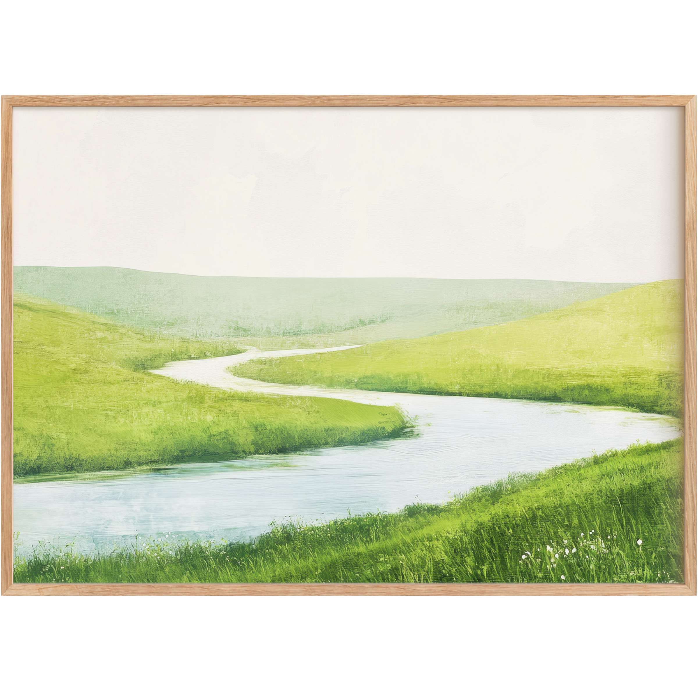 Serene spring printable wall art featuring gentle rolling hills and a soft winding stream in fresh greens and soothing blues