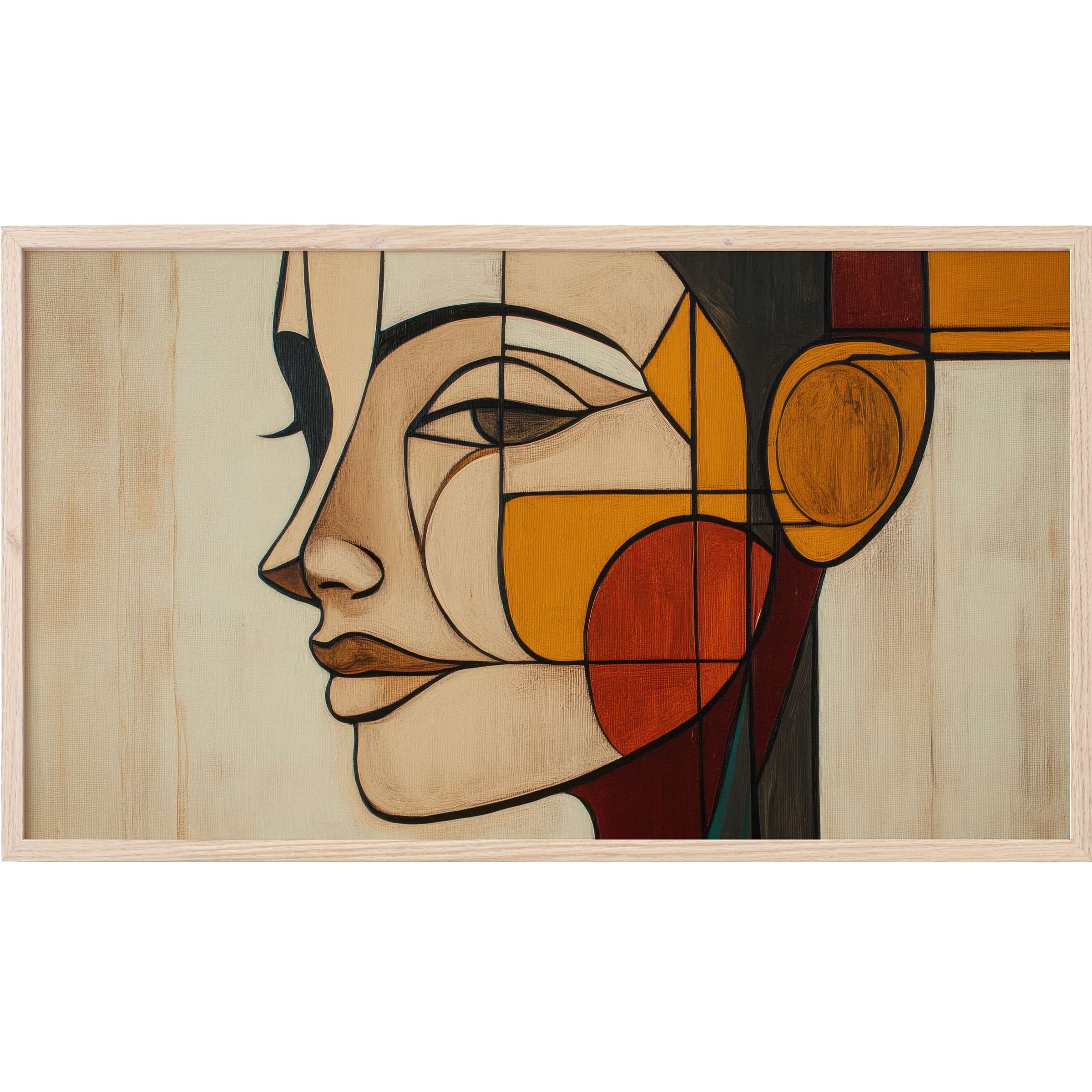 Minimalist Frame TV Art of an abstract female profile in warm ochre, rust, beige, and black tones with geometric lines