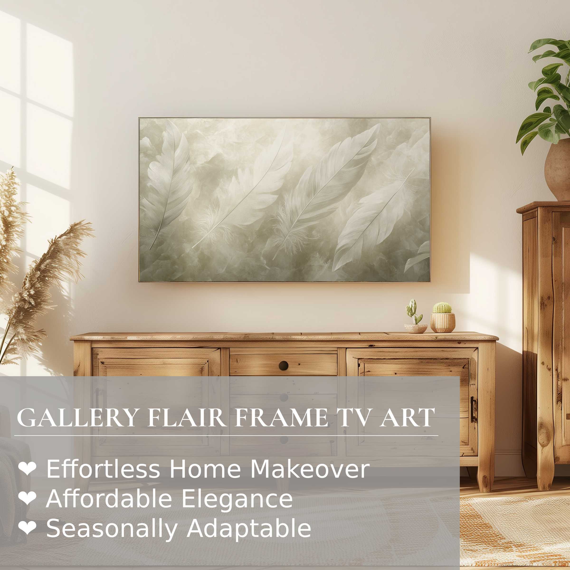 Samsung Frame TV displaying neutral digital artwork of soft feathers in a serene, modern living space