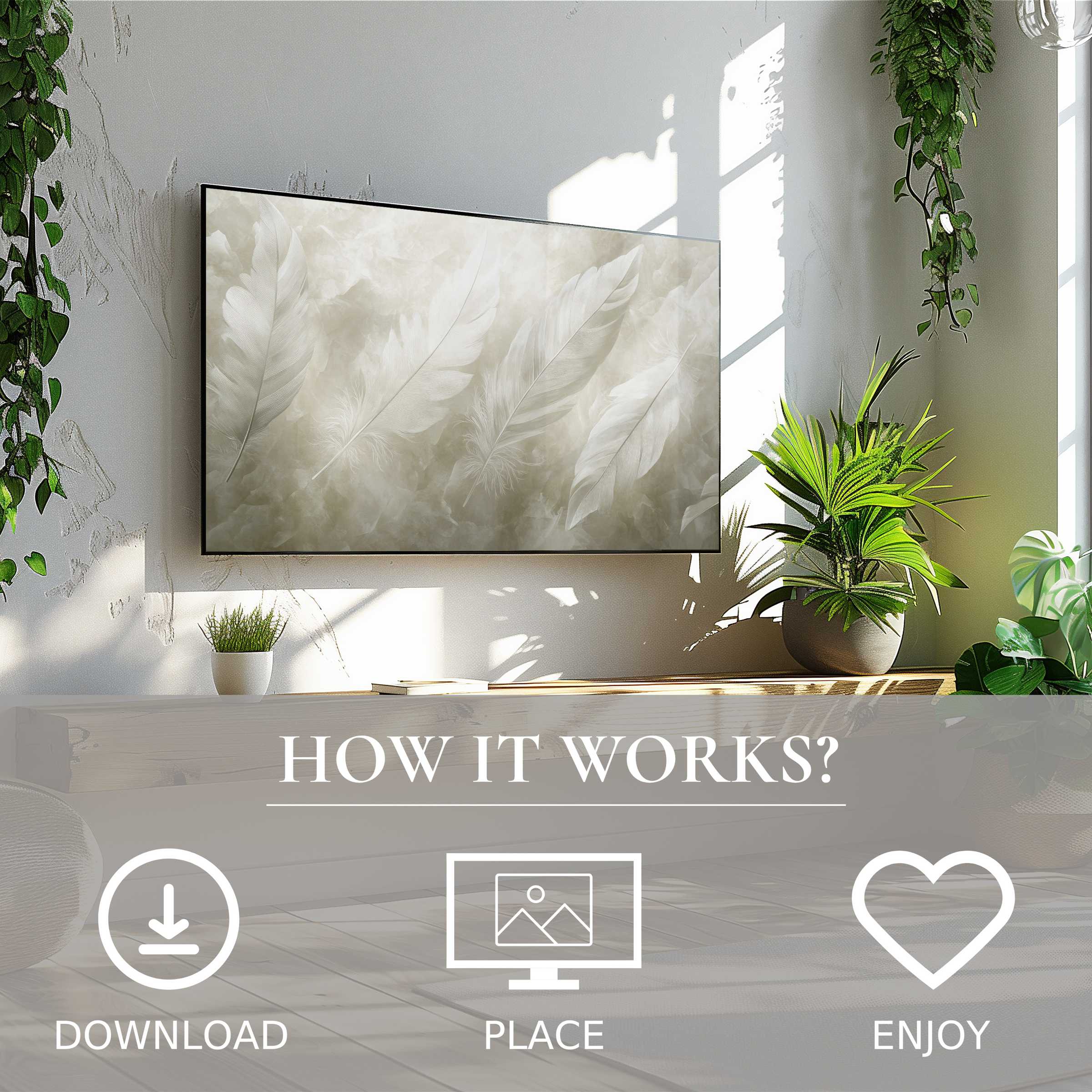 Neutral art for Samsung TV shows soft feather motif in calming beige tones, easy digital download enriches any living space