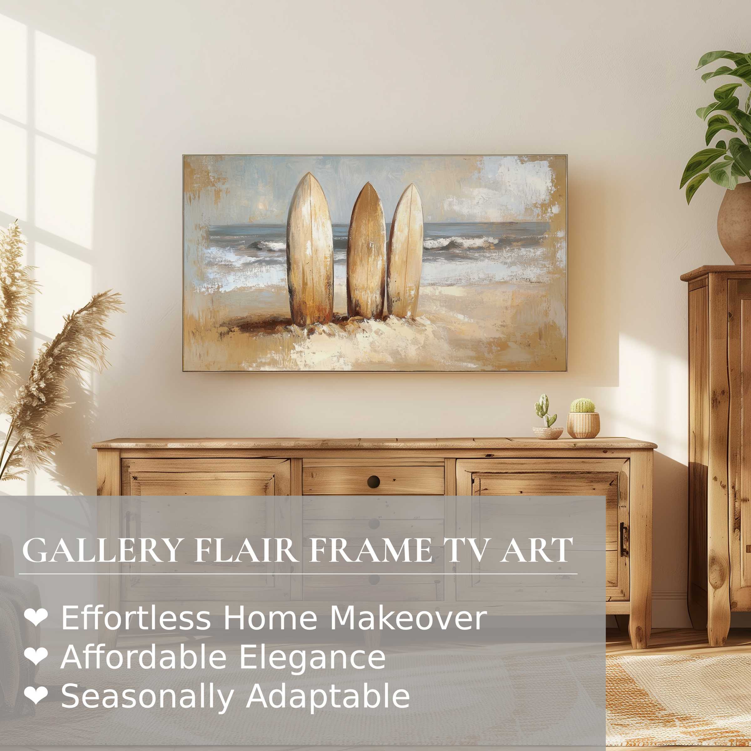 Samsung Frame TV displaying serene beach digital artwork with surfboards, enhancing elegant, modern home decor