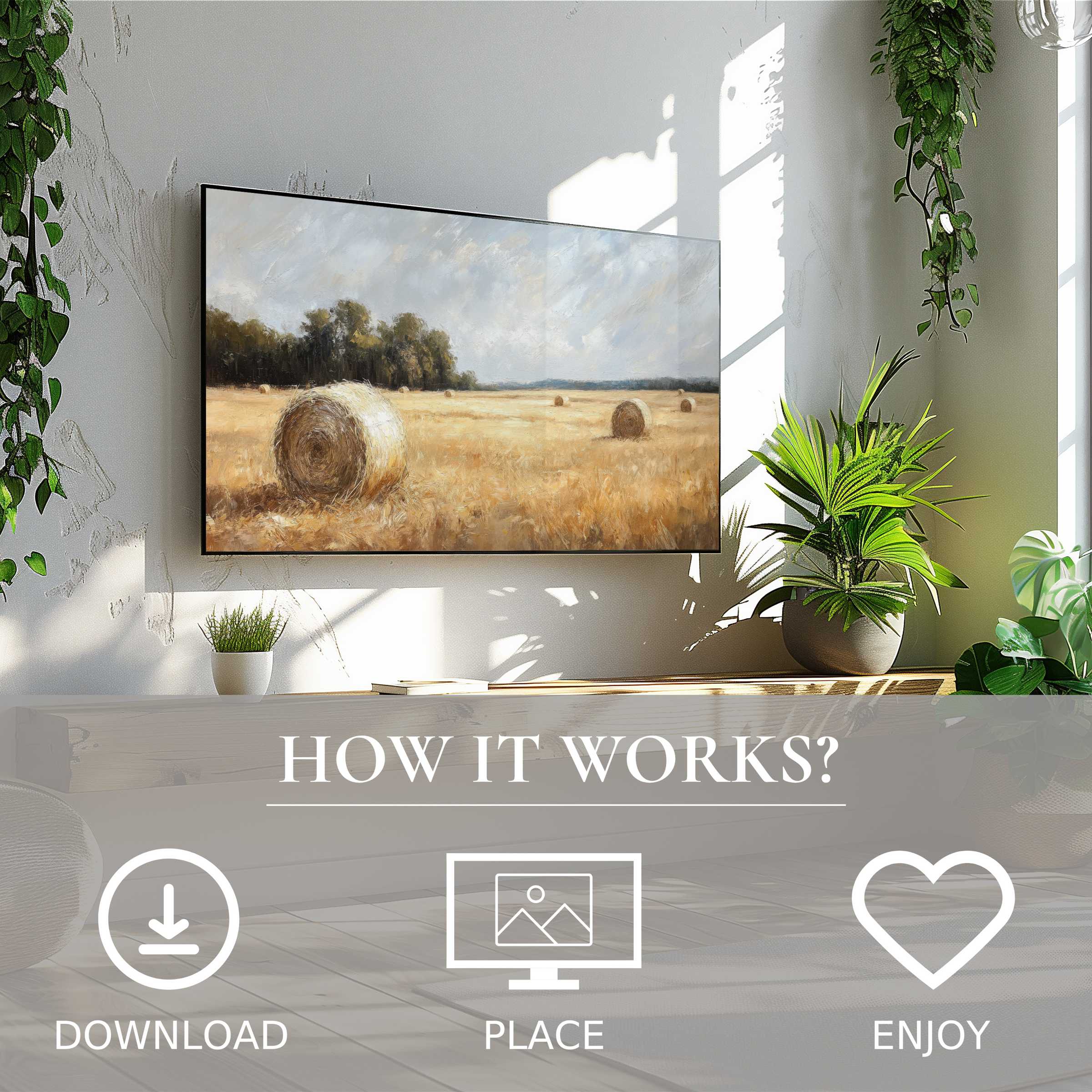 Modern living room with plants and landscape art for Samsung TV showing soft golden hay field hues; easy digital download