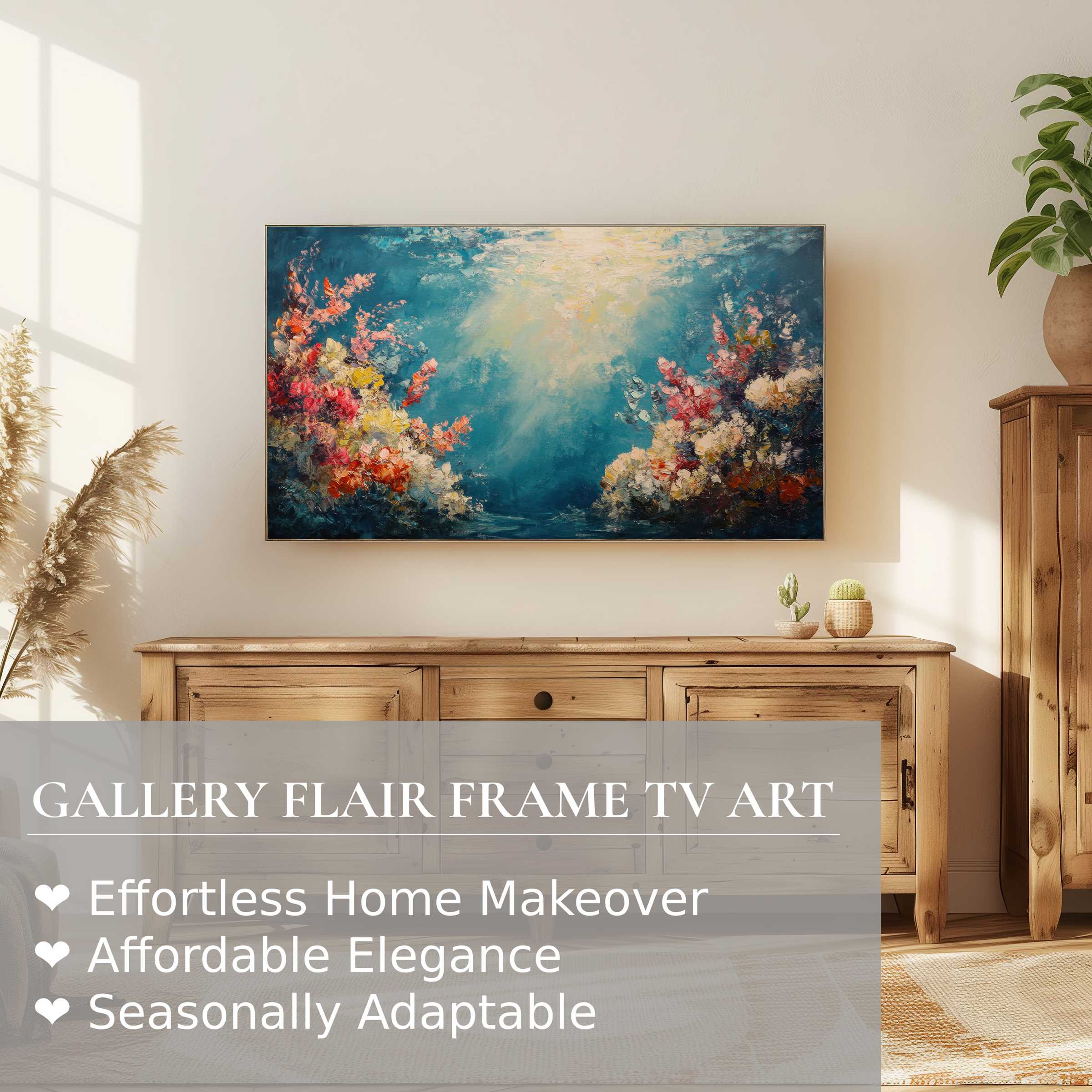 Modern summer digital artwork with vibrant florals displayed on Samsung Frame TV in elegant, sunlit home setting