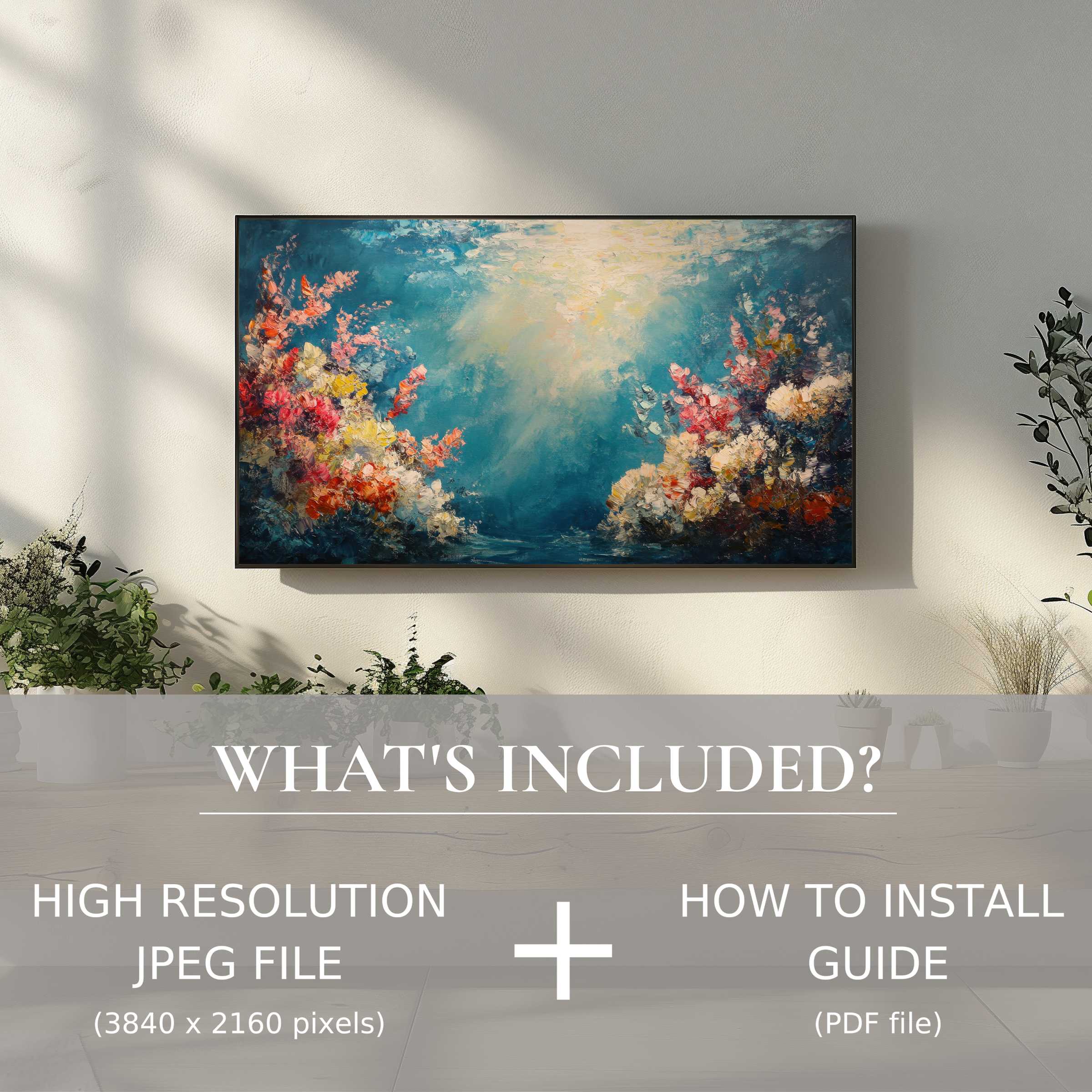 Elegant summer digital TV art download enhancing your living space with easy, high-res digital use and vibrant floral design