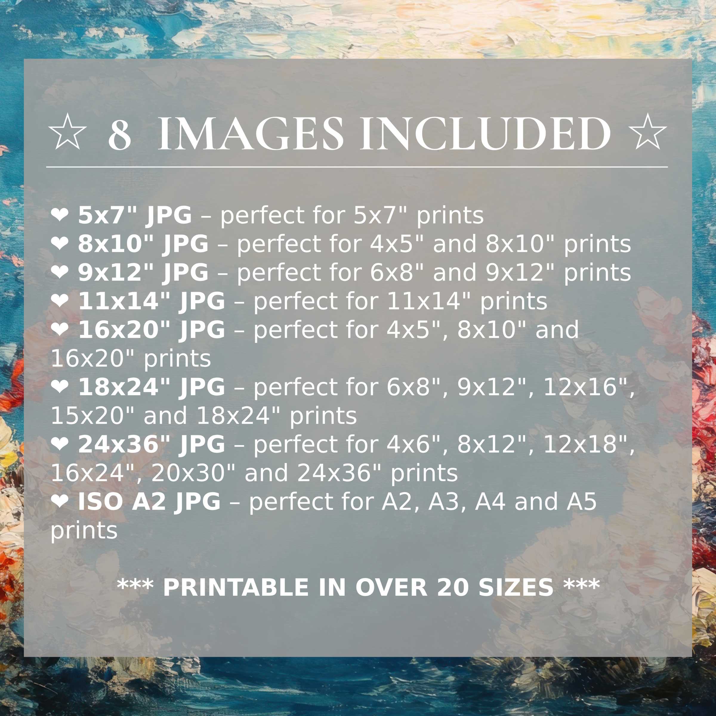 Radiant summer digital print with serene blues, soft peaches, and bold floral accents, elevating modern interiors with 8 high-quality sizes included