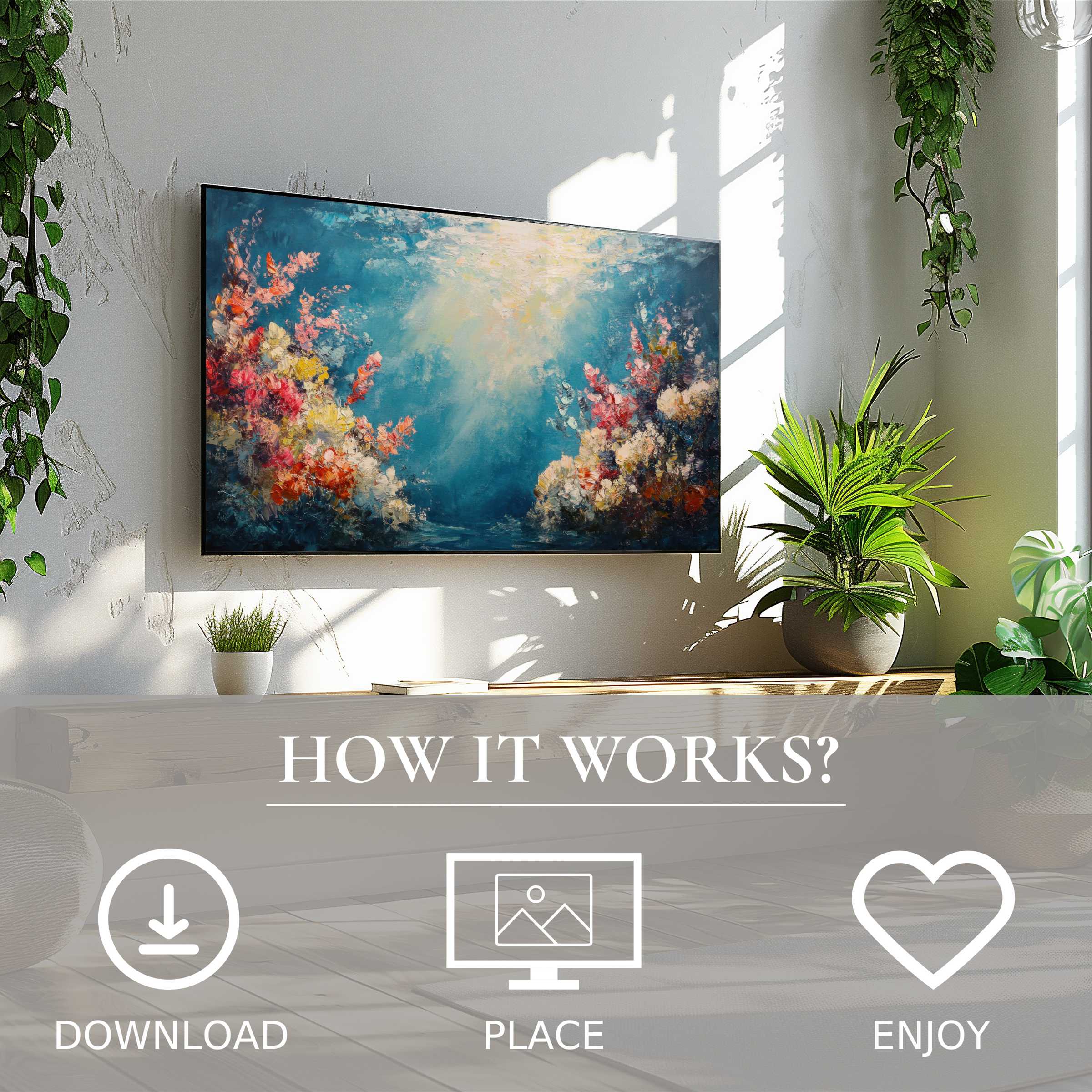 Modern living room with green plants showcasing summer art for Samsung TV; soft sunset tones, simple digital download