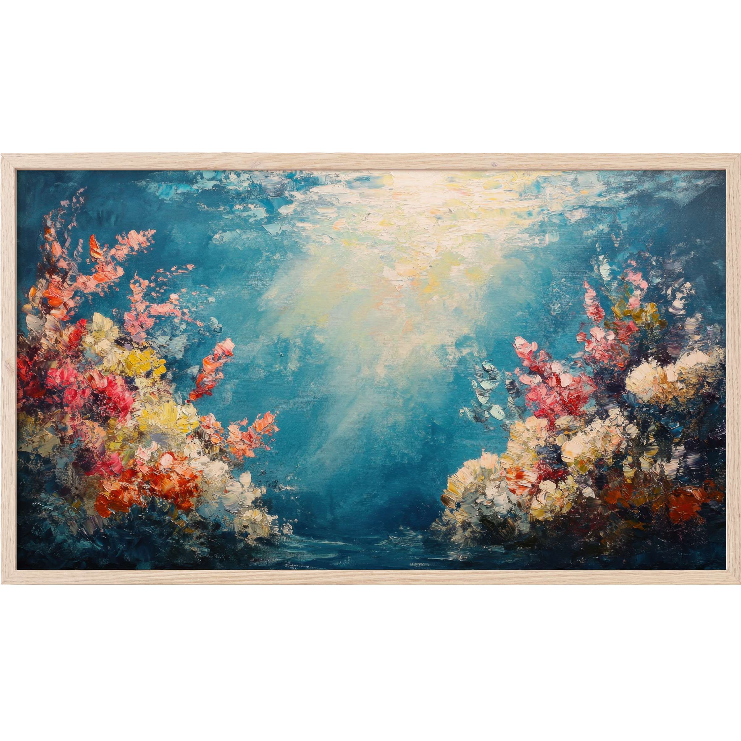 Elegant summer Frame TV Art with vibrant coral and floral textures blending into serene blue light