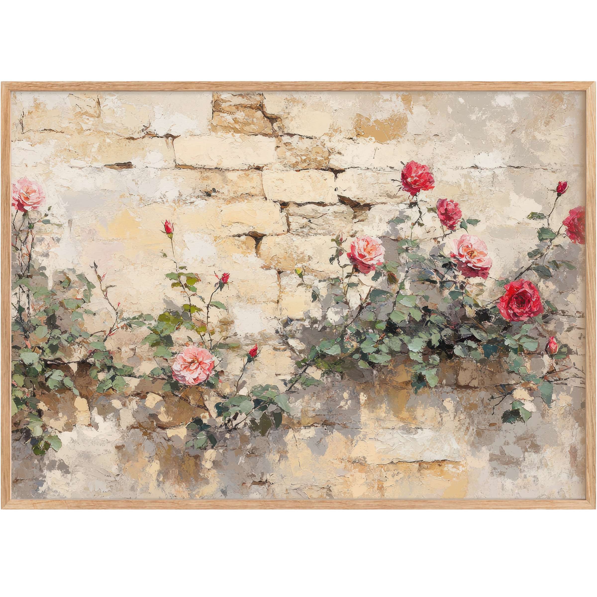 Vintage printable wall art featuring blooming roses against a weathered stone wall, evoking a serene and timeless charm