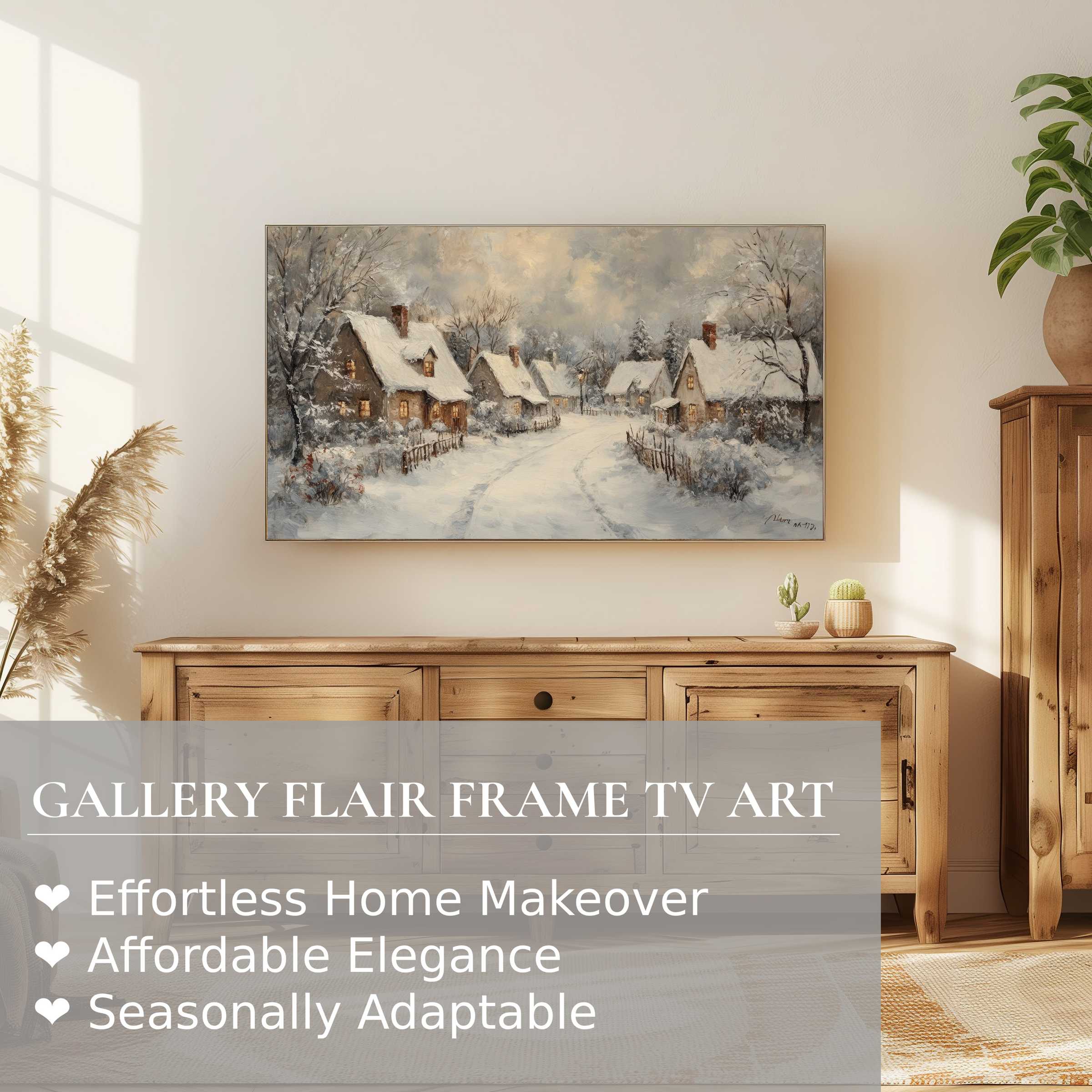 Samsung Frame TV displaying elegant christmas digital artwork of a serene snowy village in a warm modern setting