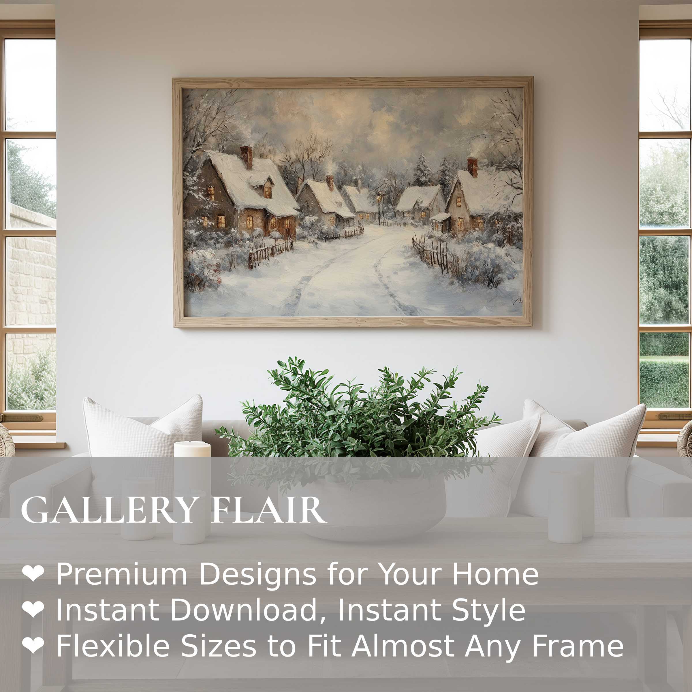 Christmas wall art print showcasing a serene snowy village scene, radiating cozy warmth and timeless charm in a modern farmhouse living room