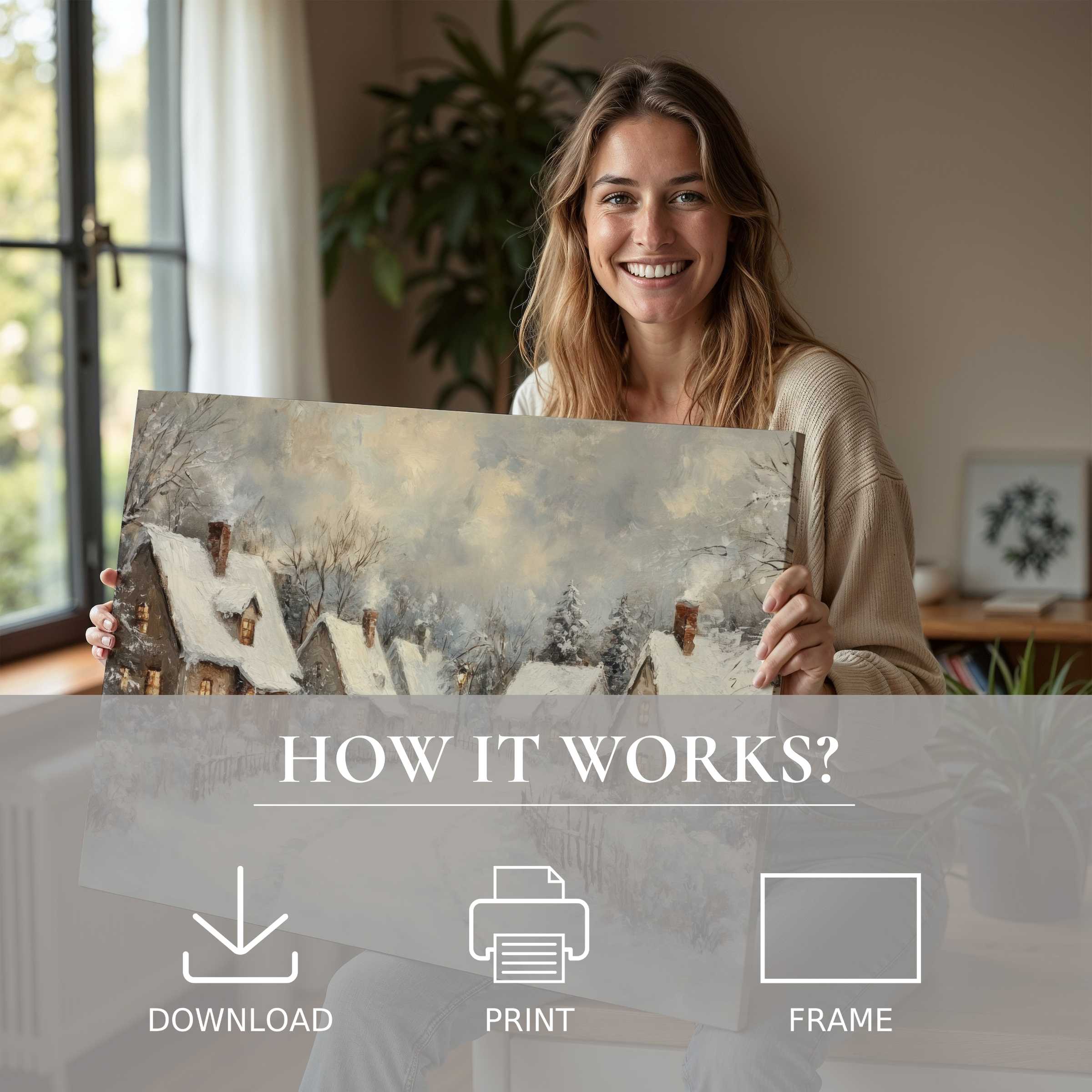 A serene moment in a stylish home, where a Christmas digital art print brings warmth and timeless joy to modern living