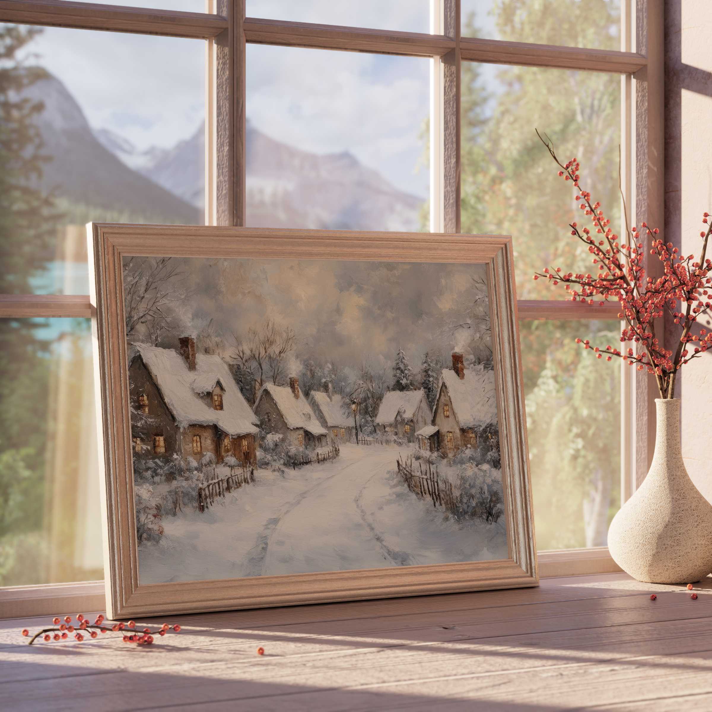 Christmas downloadable art capturing a tranquil snowy village scene, infusing warm charm and timeless elegance into curated, design-forward interiors with refined festive decor