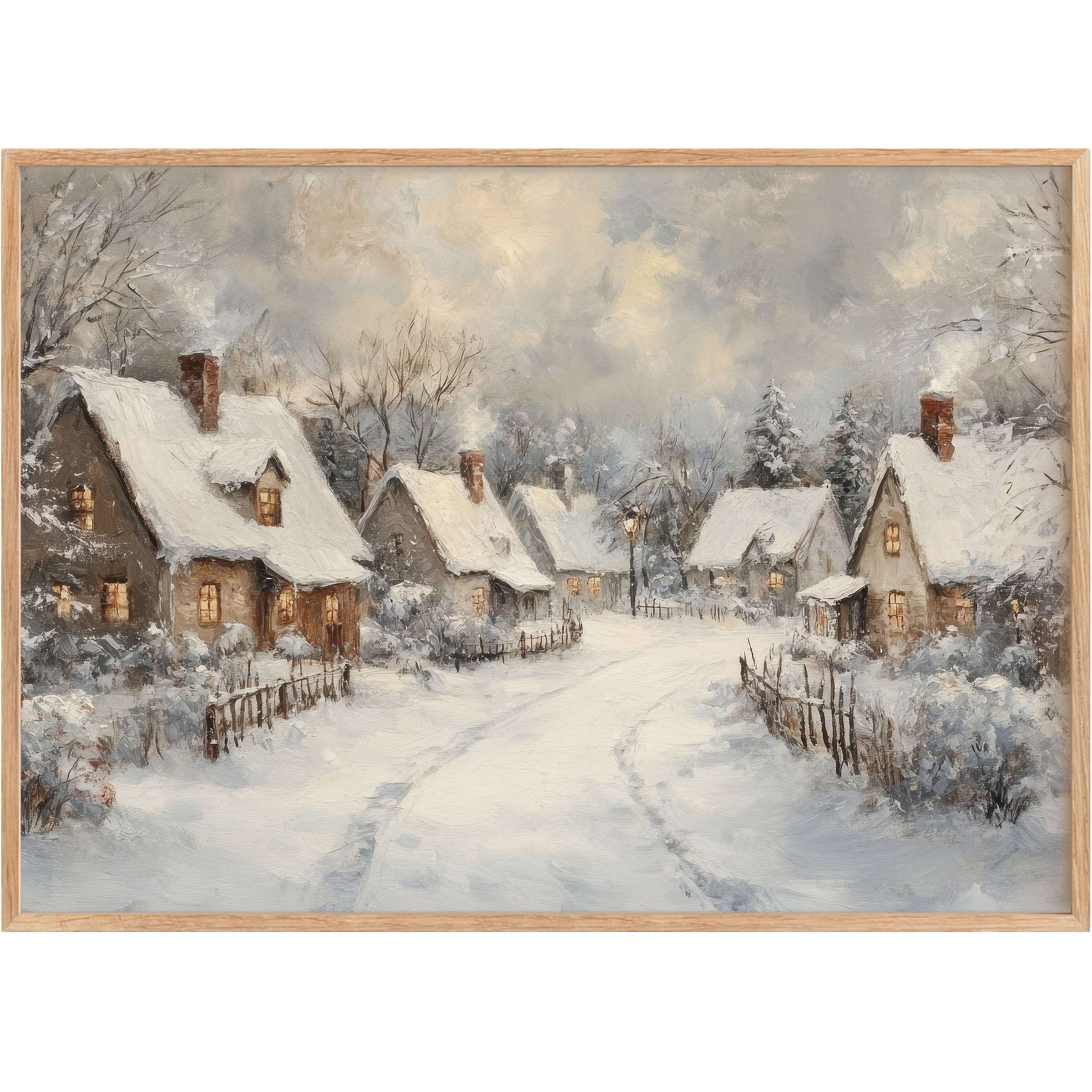 Enchanting Christmas printable wall art depicting cozy, snow-covered cottages glowing warmly under soft gray skies, evoking serene winter calm