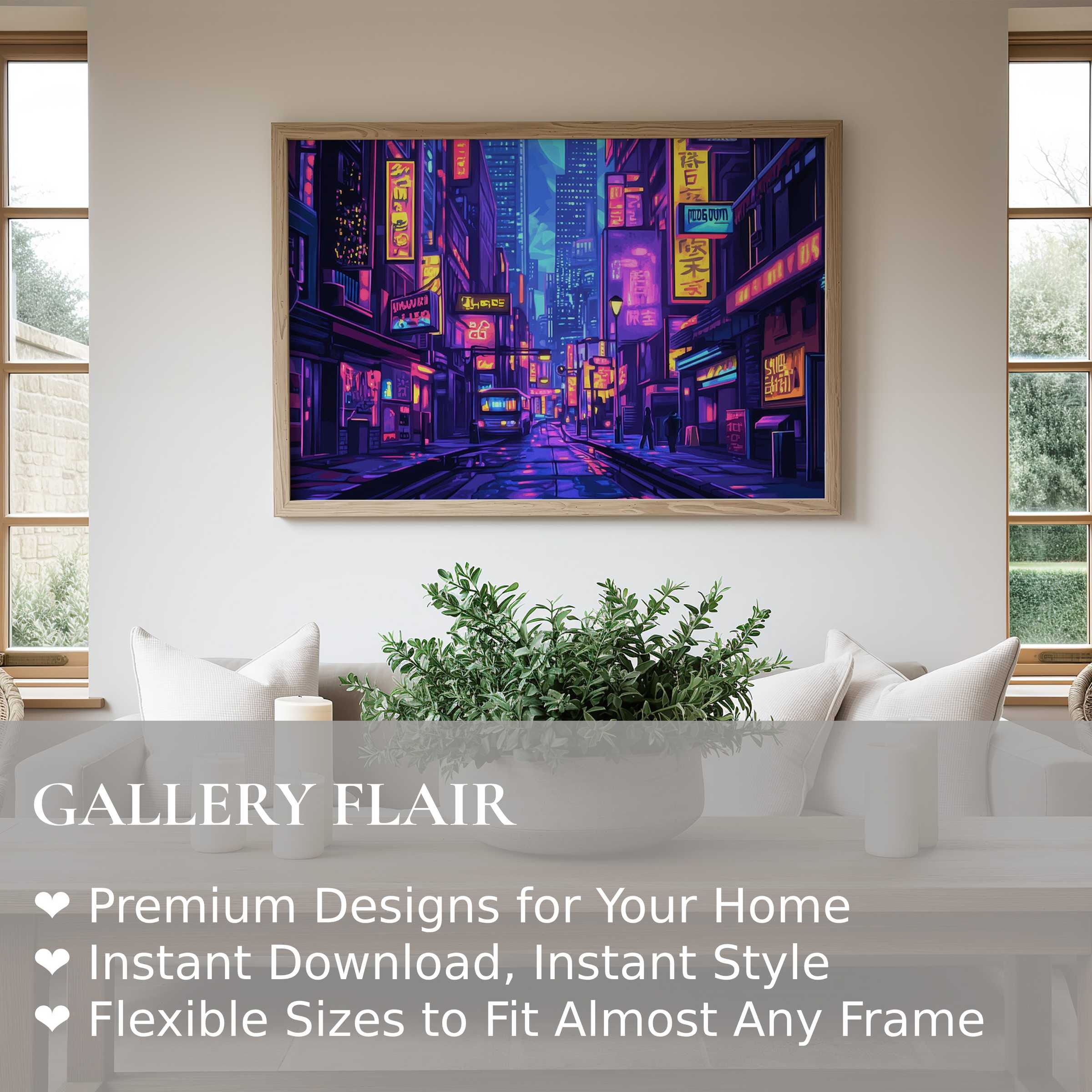 Vibrant pop art wall art print capturing a neon-lit city street in bold purples and blues, enhancing minimalist, contemporary living spaces with urban energy and modern sophistication