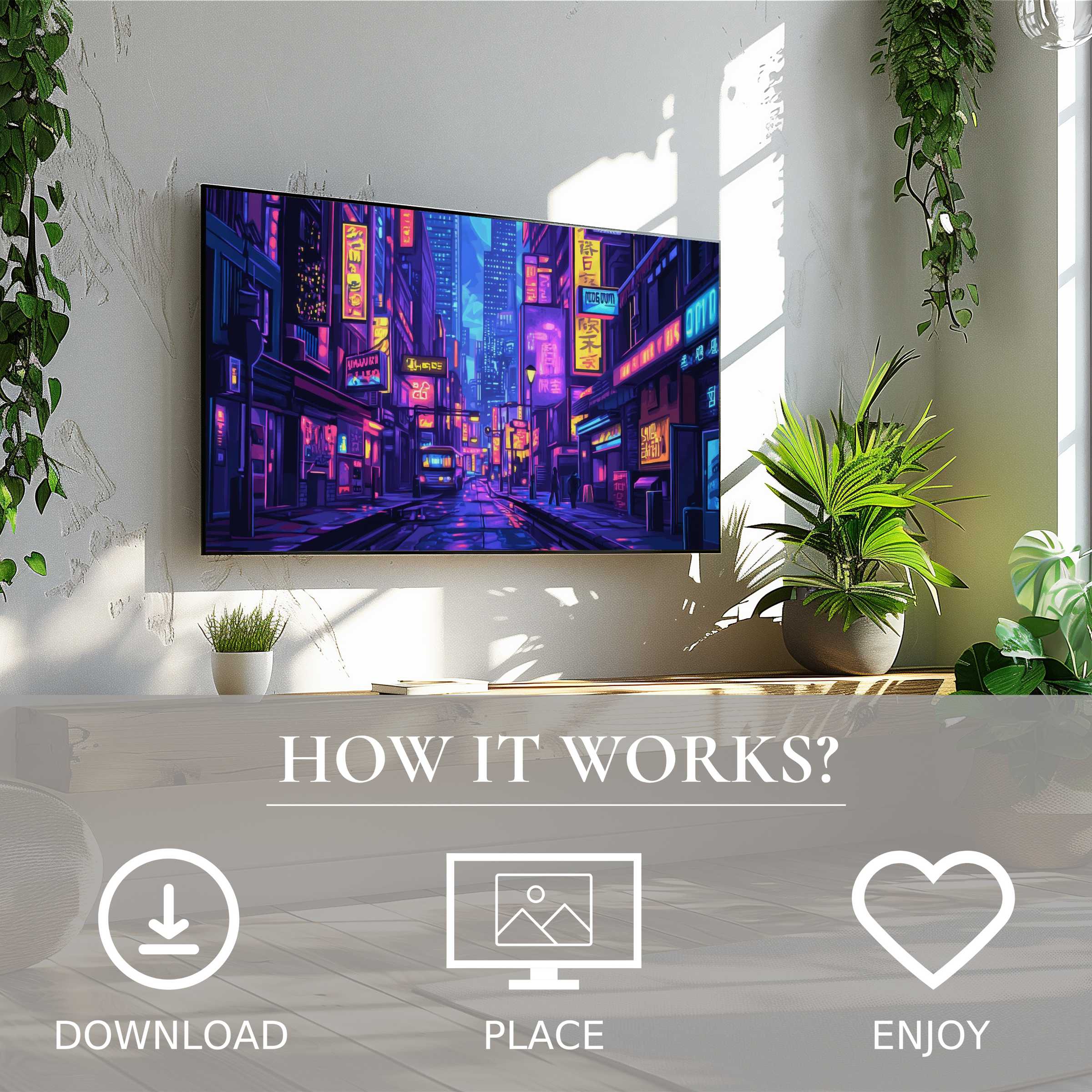 Pop art art for Samsung TV shows vibrant neon cityscape, easy digital download enriching modern living spaces with bold color flow