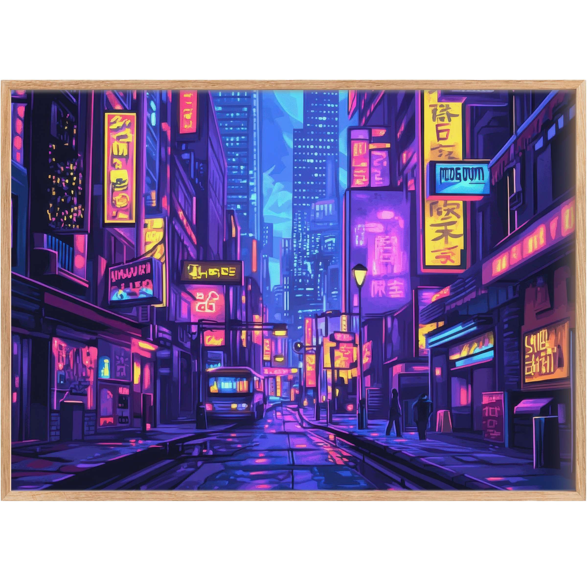 Vibrant pop art printable wall art infused with electric blues and neon pinks, evoking a bold, urban nightscape full of energy and intrigue