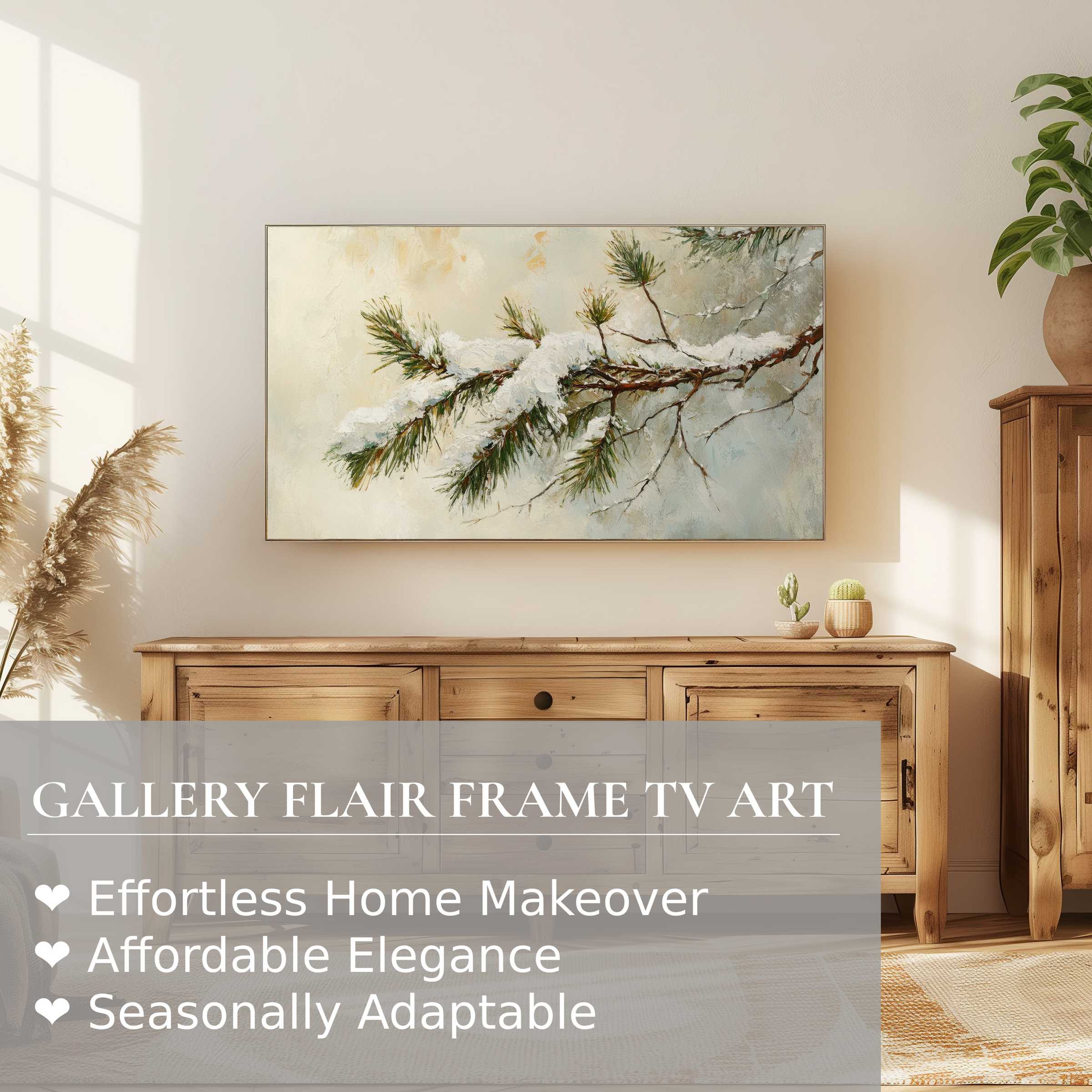 Samsung Frame TV displays elegant winter digital artwork of snow-laden pine branch in modern, warm living space