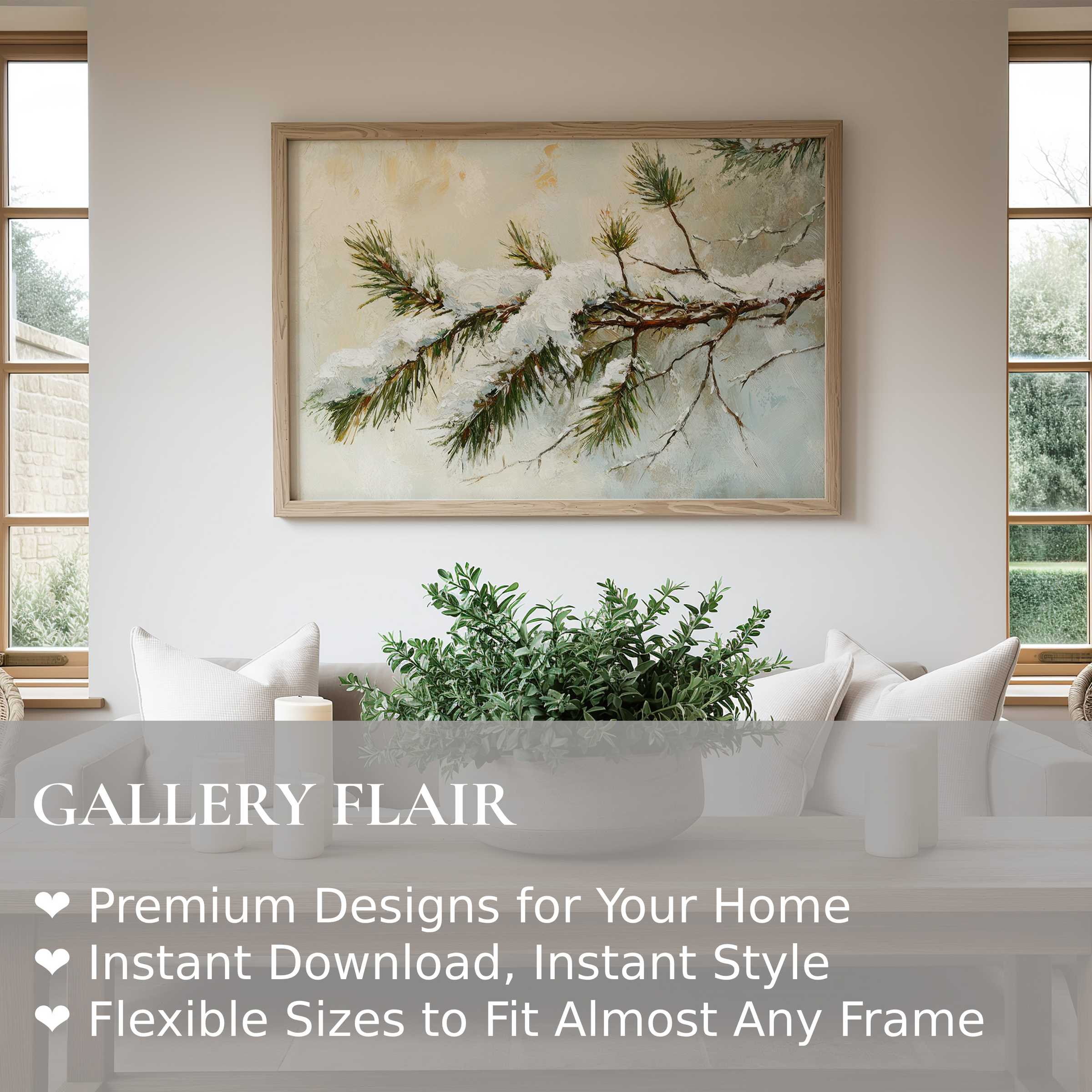 Winter wall art print featuring a serene snowy pine branch in a refined Scandinavian-inspired living space, elevating calm and natural elegance