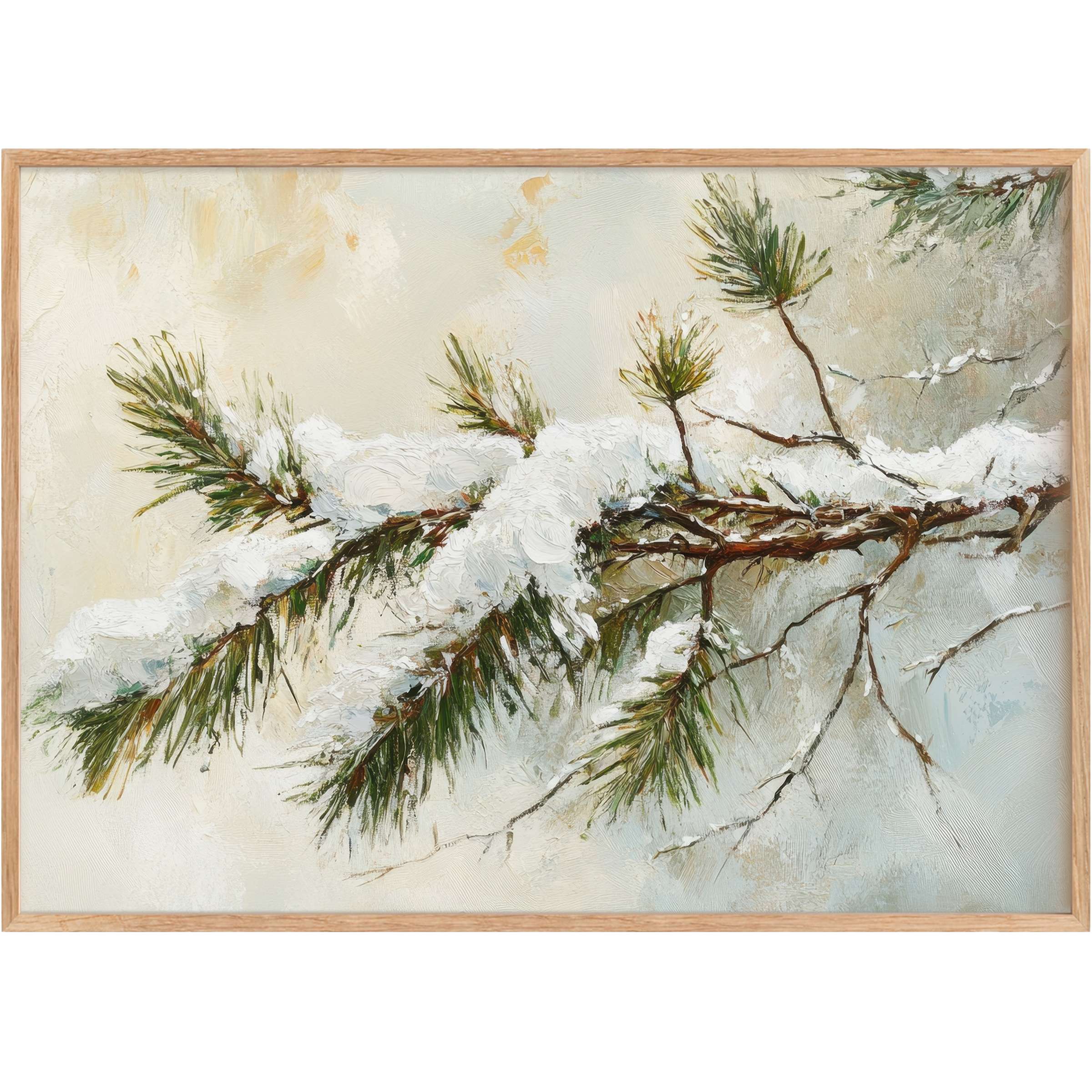 Winter printable wall art capturing serene pine branches layered with soft snow, evoking calm with muted greens and creams