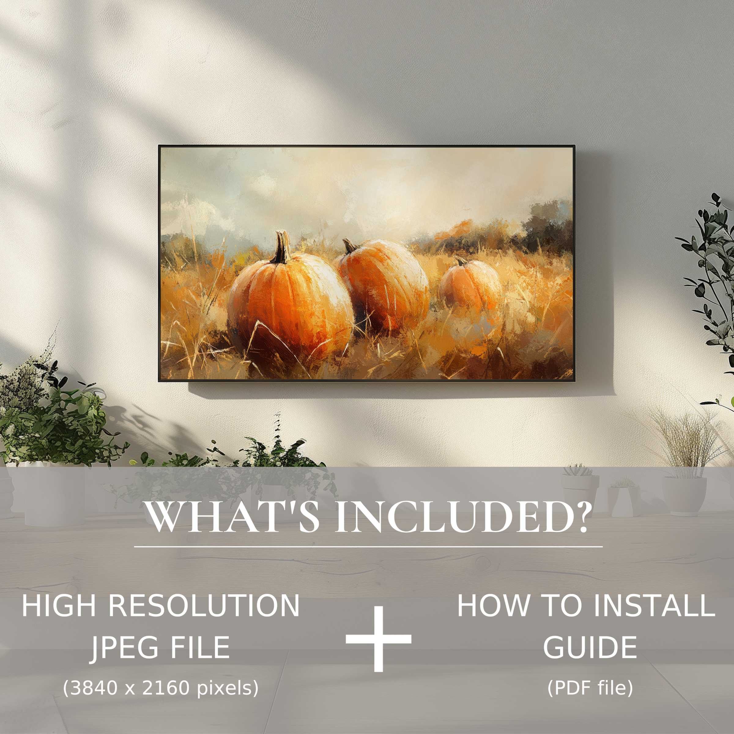 Elegant fall digital TV art download showcasing pumpkins, easy digital use enhances chic living spaces