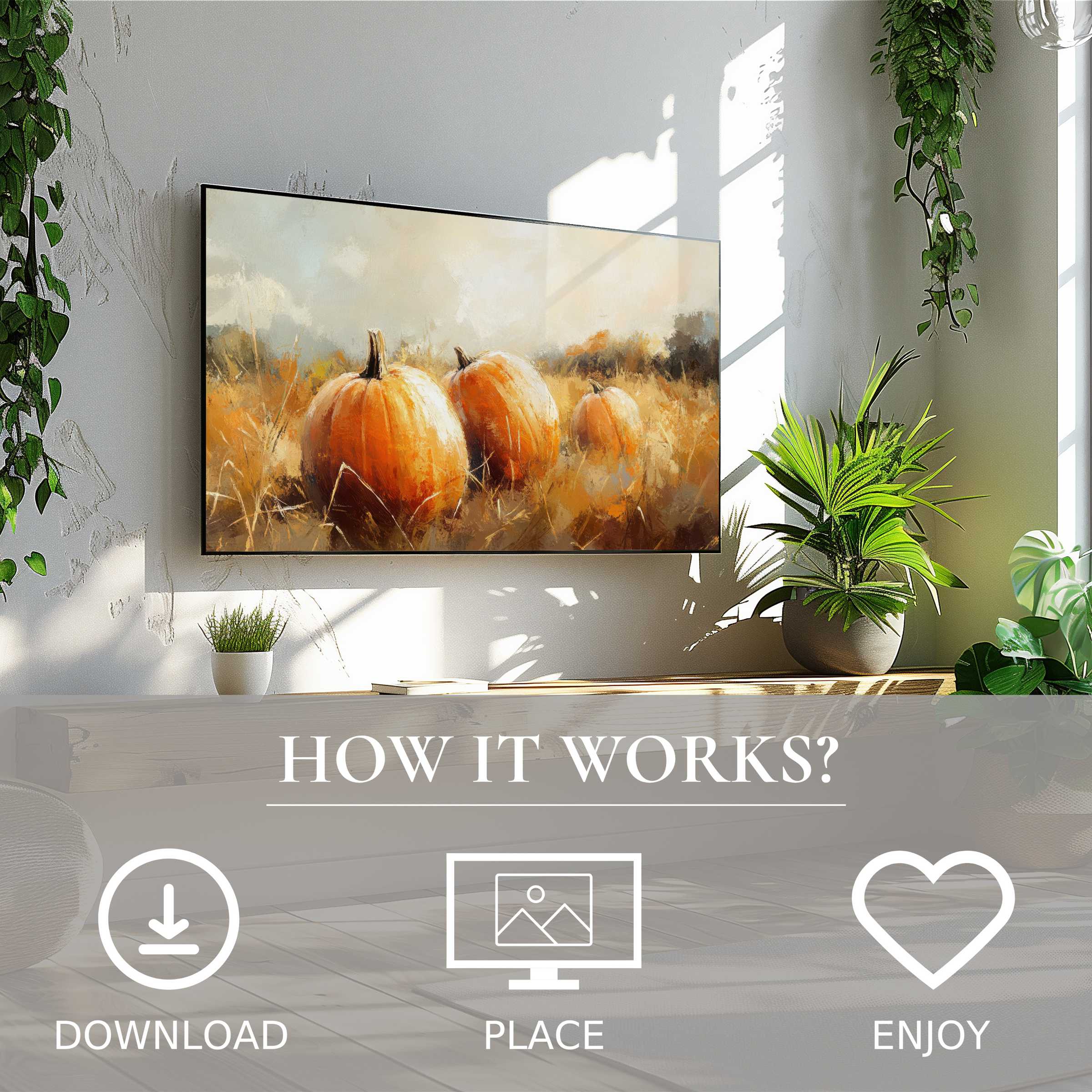 Fall art for Samsung TV shows soft pumpkin hues in a cozy room, easy digital download enriches modern living spaces