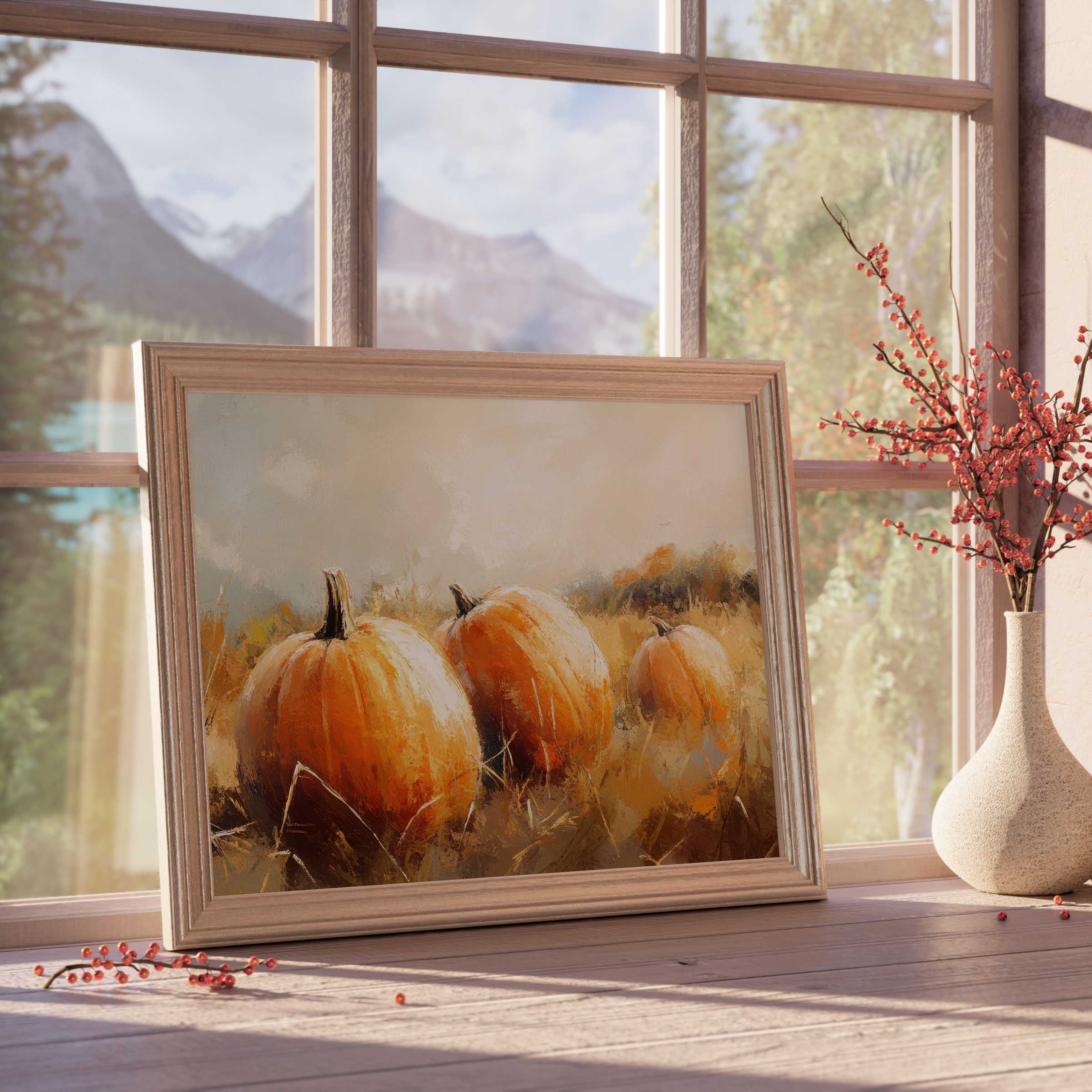 Warm fall downloadable art featuring textured pumpkins in a soft, earthy palette, perfect for curated, tranquil autumn interiors