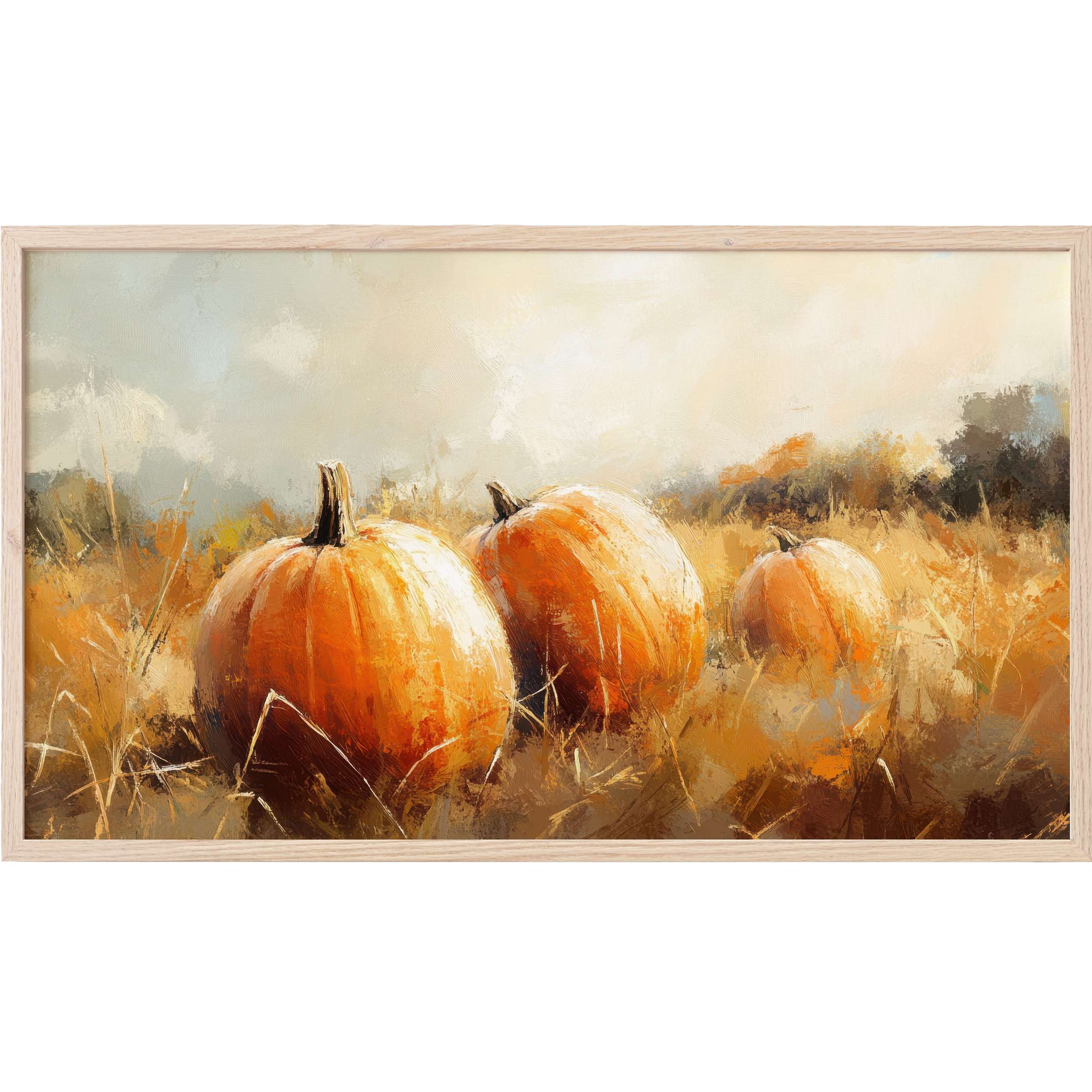 Fall Frame TV Art with textured brushstrokes, warm oranges and muted beige, showcasing three pumpkins in a rustic field