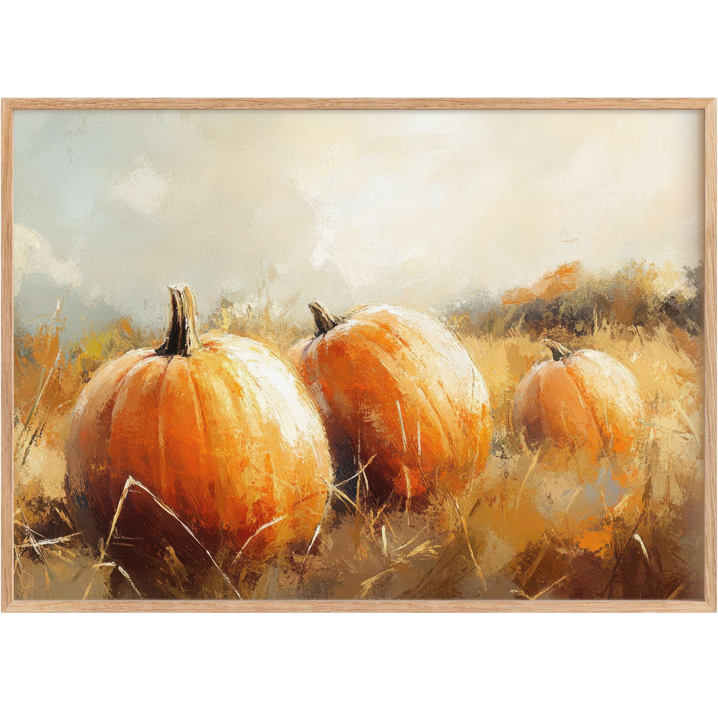 Fall printable wall art featuring warmly glowing orange pumpkins set against muted beige and soft gray, evoking a serene, cozy autumnal ambiance