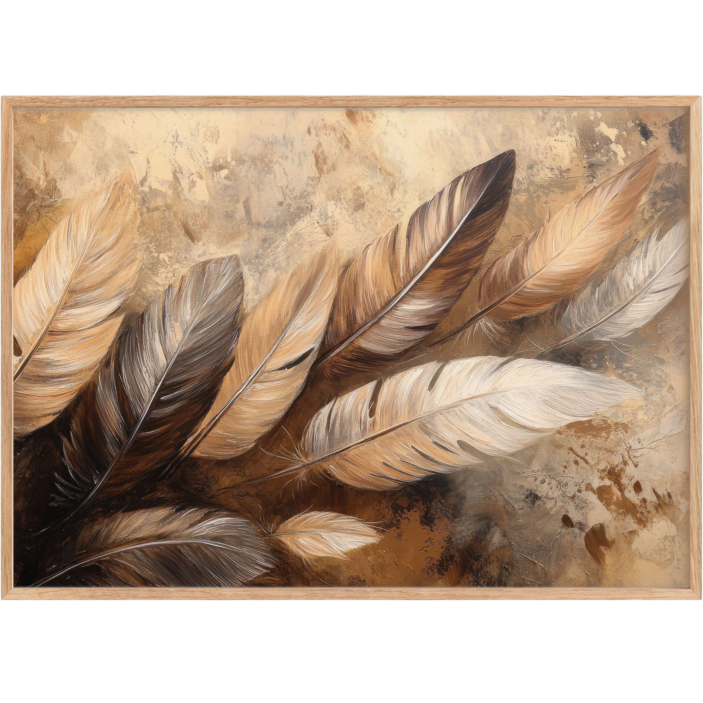 Elegant boho printable wall art featuring layered feathers in warm browns and creams, creating a serene, earthy ambiance