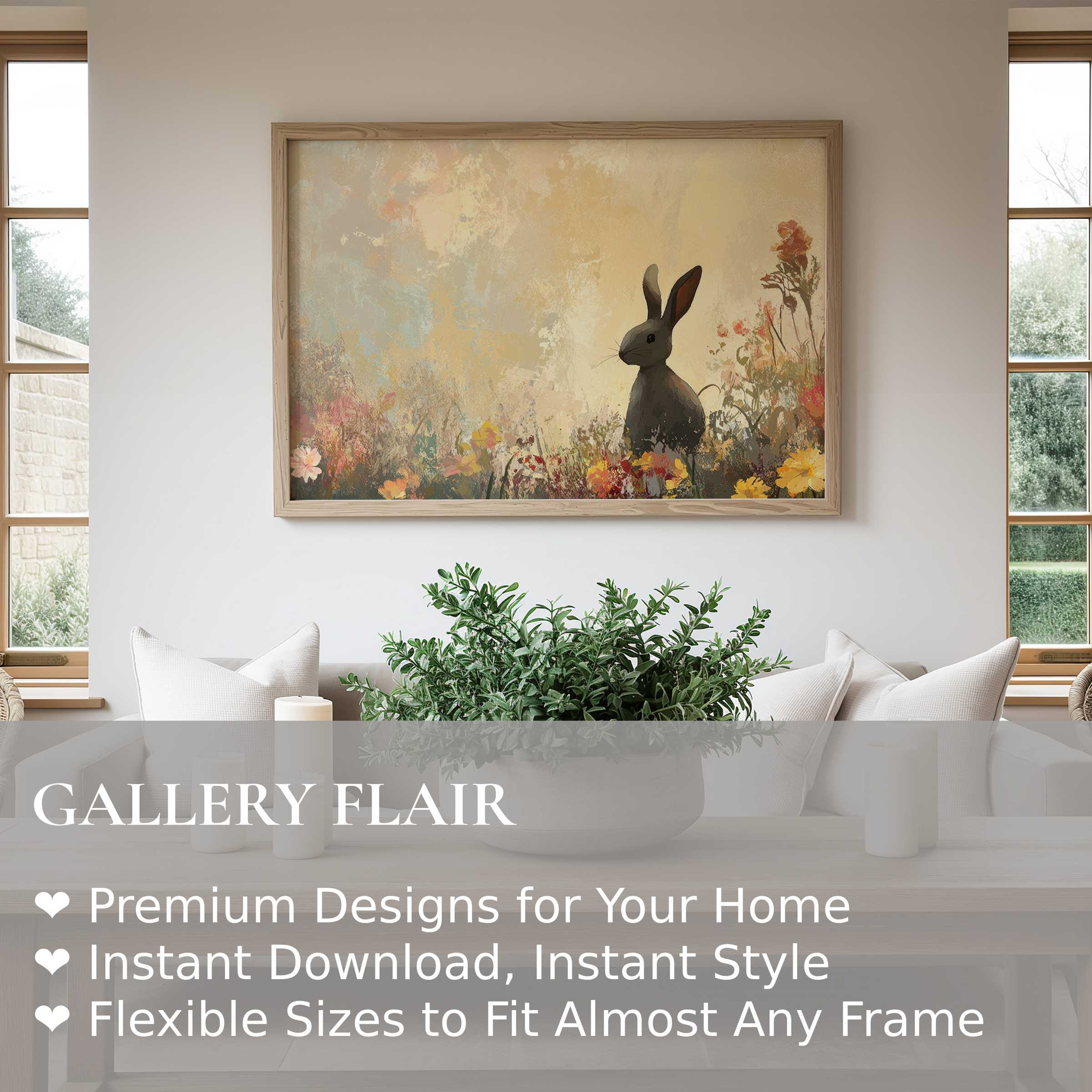 Easter wall art print featuring a serene rabbit amid warm florals, enhancing modern farmhouse interiors with soft, inviting charm