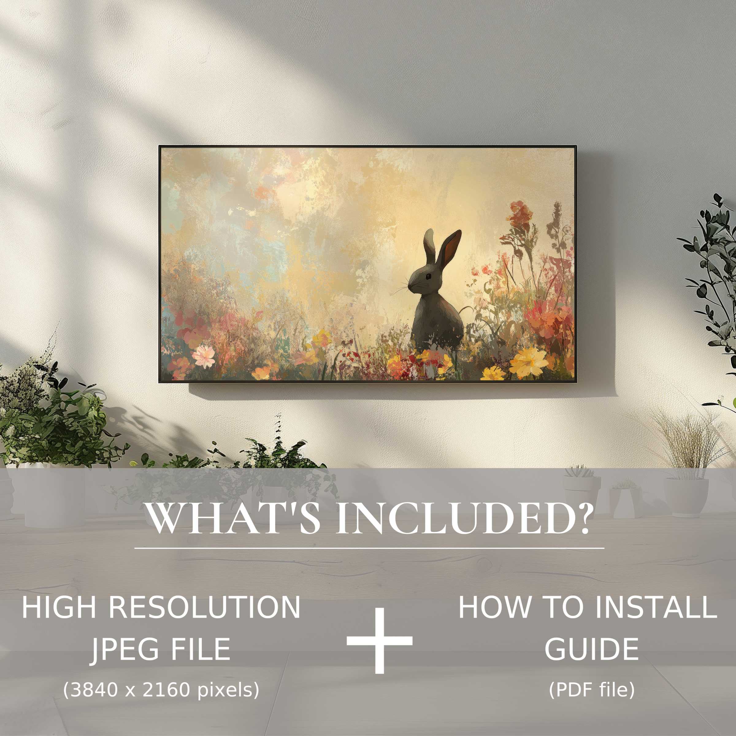 Elegant easter digital TV art download with serene bunny scene, easy digital use, enhancing modern living spaces beautifully