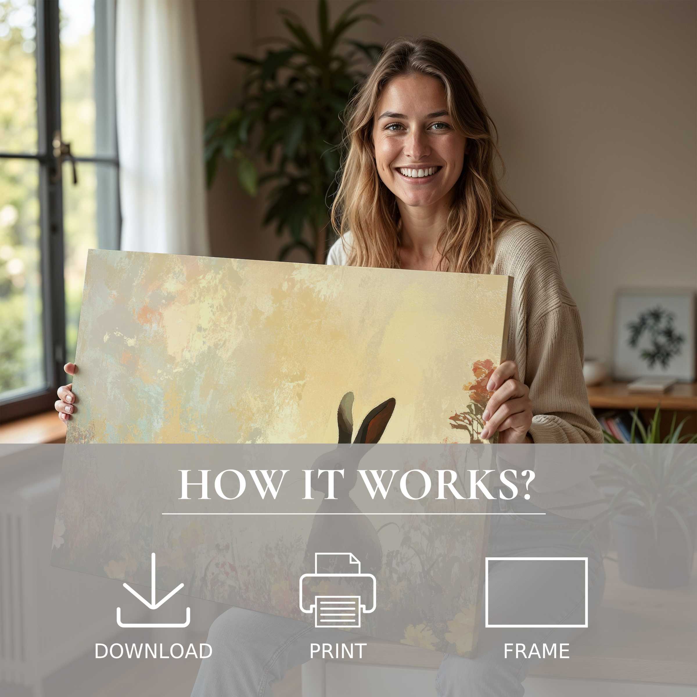 Joyful moment in a sunlit modern home reveals the serene charm of an Easter digital art print, inviting effortless elegance
