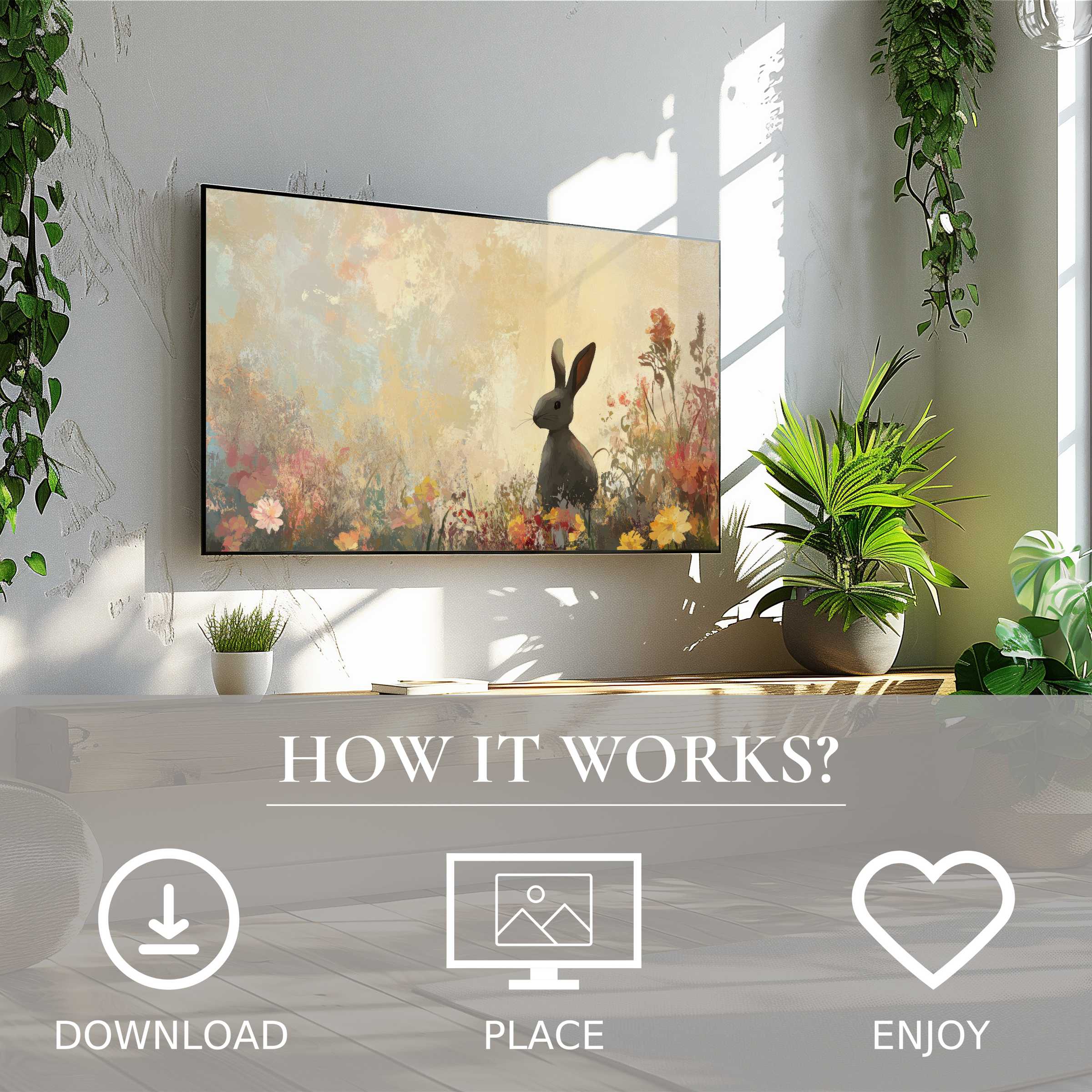 Modern living room with easter art for Samsung TV showing soft sunset tones and a rabbit; easy digital download enriches space
