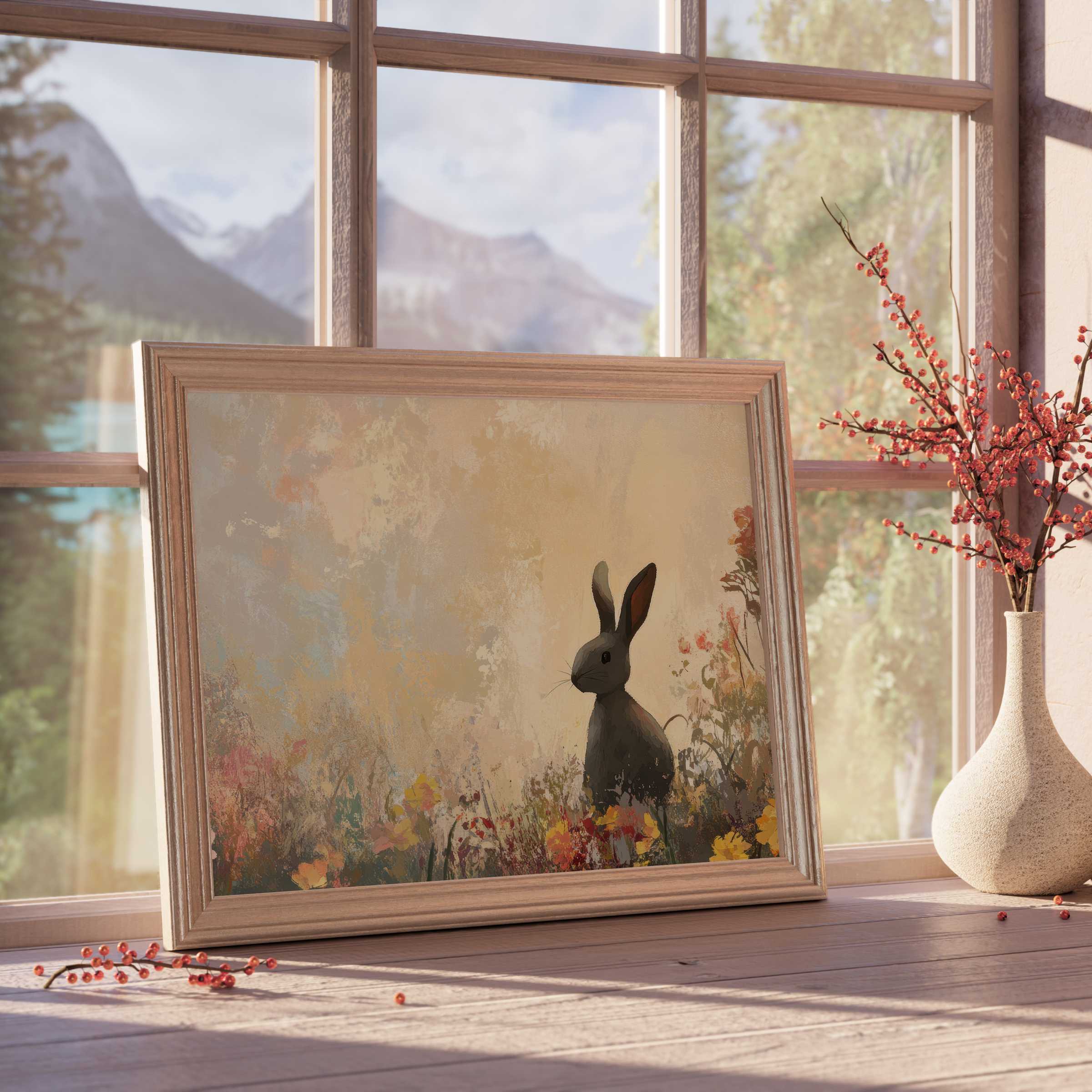 Easter downloadable art featuring a serene rabbit in blooming florals, perfect for elevating calm, curated interiors